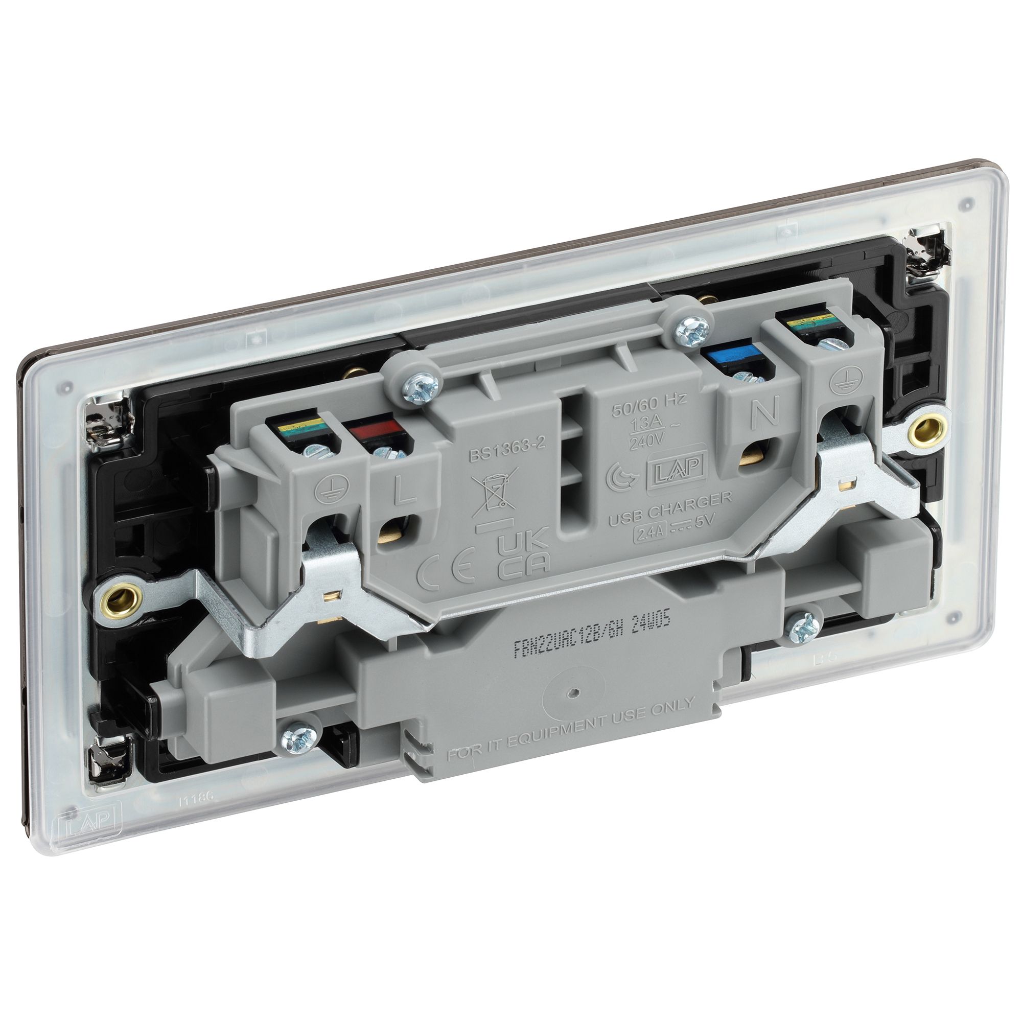 GoodHome Black Nickel Double 13A Flat Switched Screwless Socket with USB, 13 x2 & Black inserts