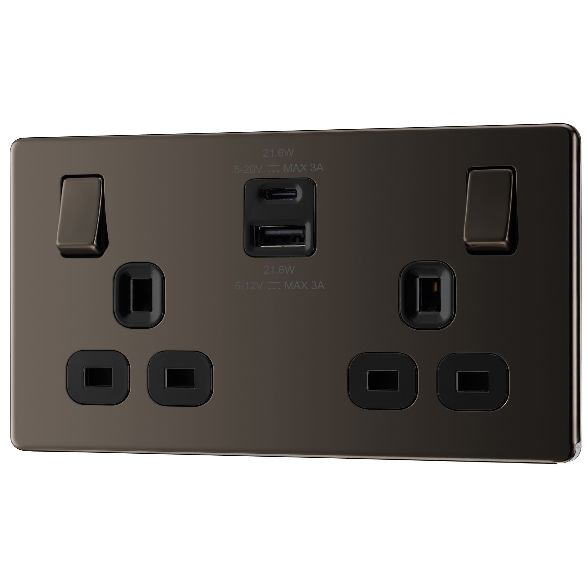 GoodHome Black Nickel Double 13A Flat Switched Screwless Socket with USB, 13 x2 & Black inserts