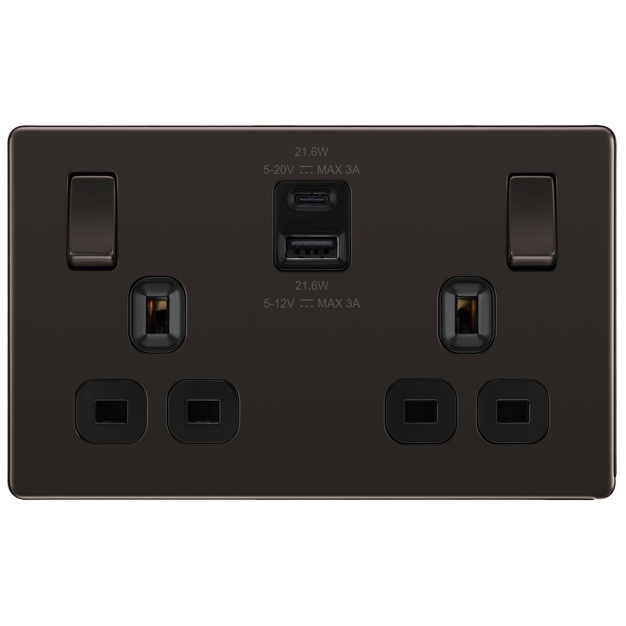 GoodHome Black Nickel Double 13A Flat Switched Screwless Socket with USB, 13 x2 & Black inserts
