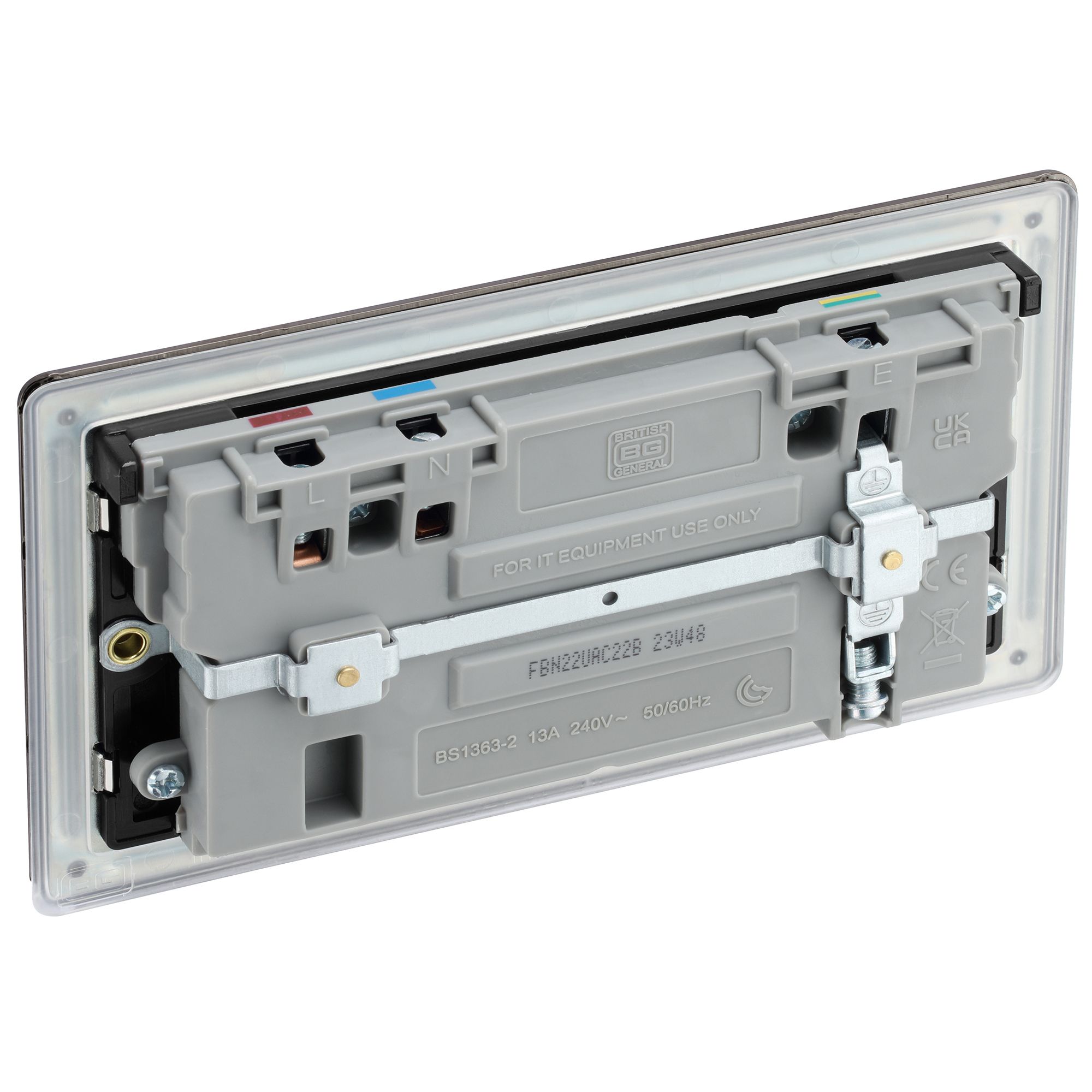 GoodHome Black Nickel Double 13A Flat Switched Screwless Socket with USB, 13 x2 & Black inserts
