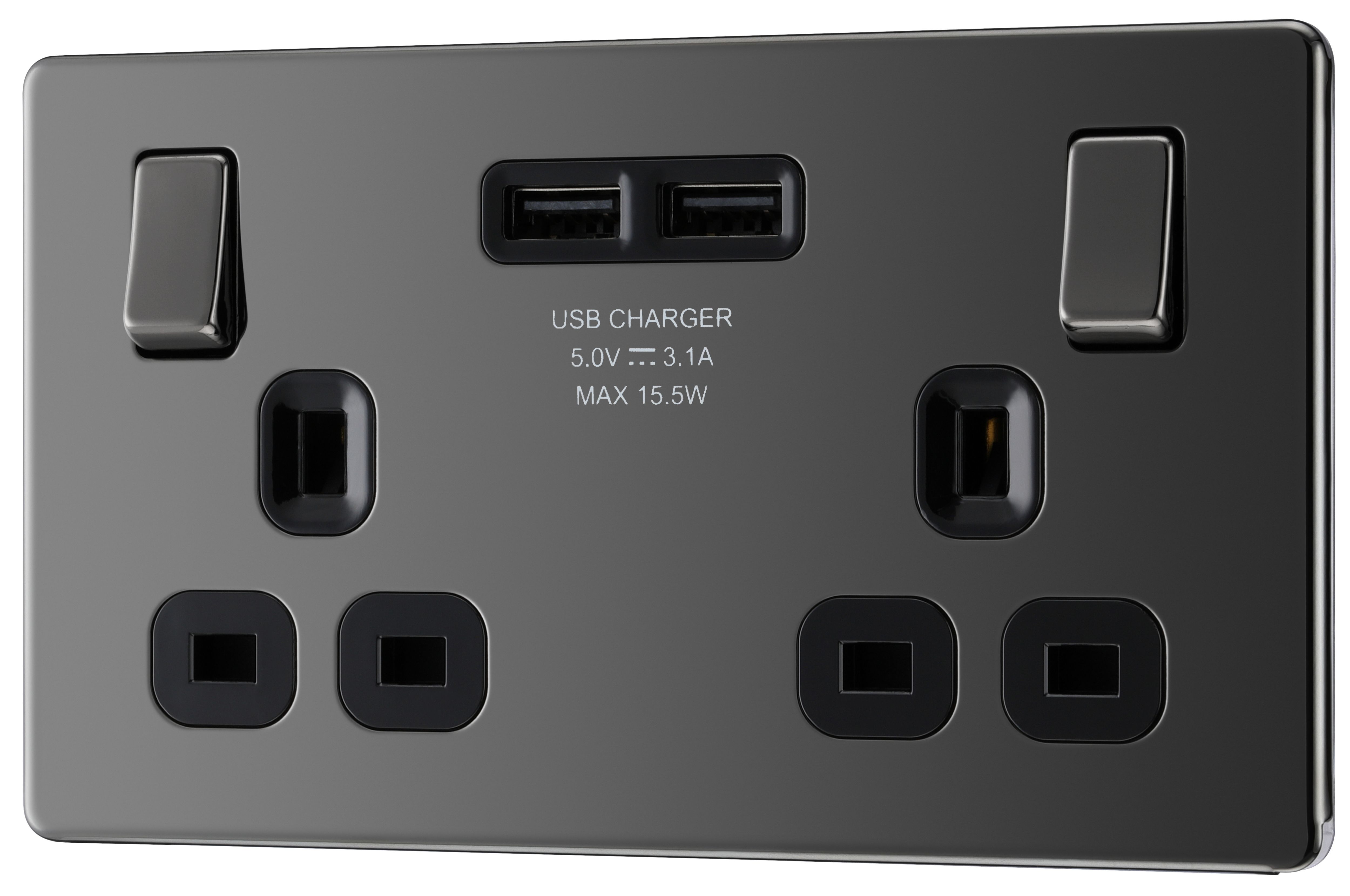 GoodHome Black Nickel Double 13A Flat Switched Screwless Socket with USB, x2 & Black inserts