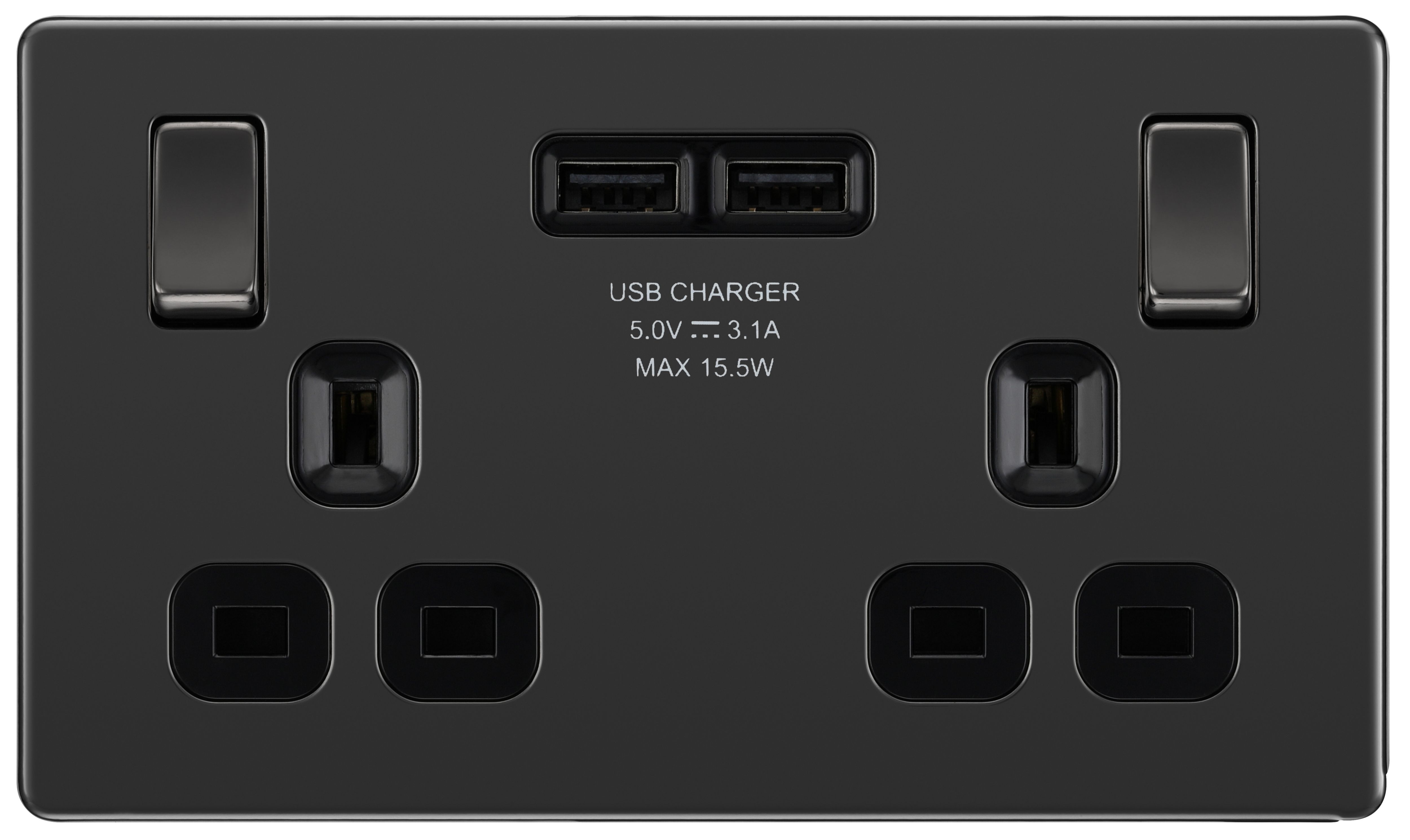 GoodHome Black Nickel Double 13A Flat Switched Screwless Socket with USB, x2 & Black inserts
