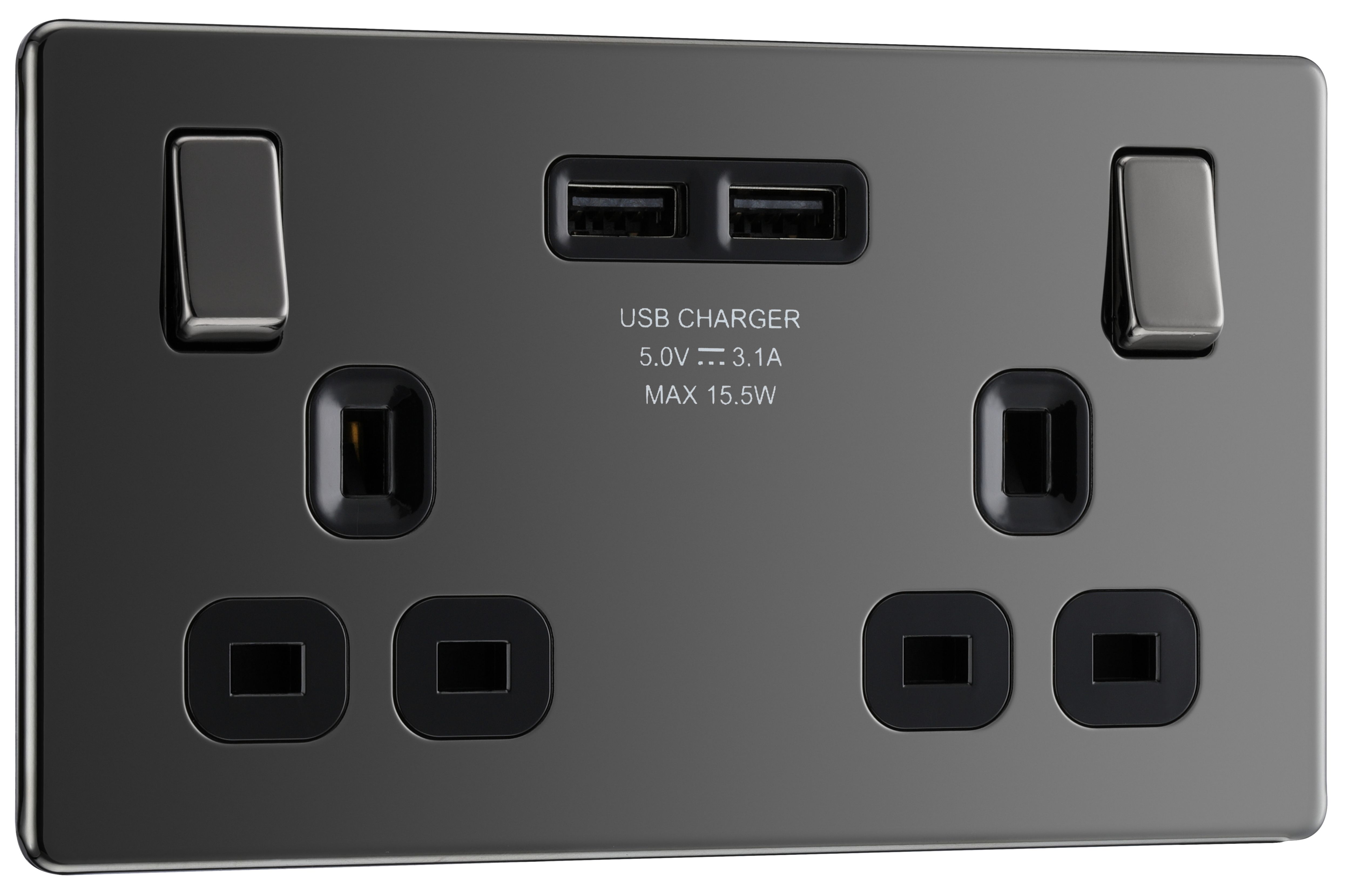 GoodHome Black Nickel Double 13A Flat Switched Screwless Socket with USB, x2 & Black inserts