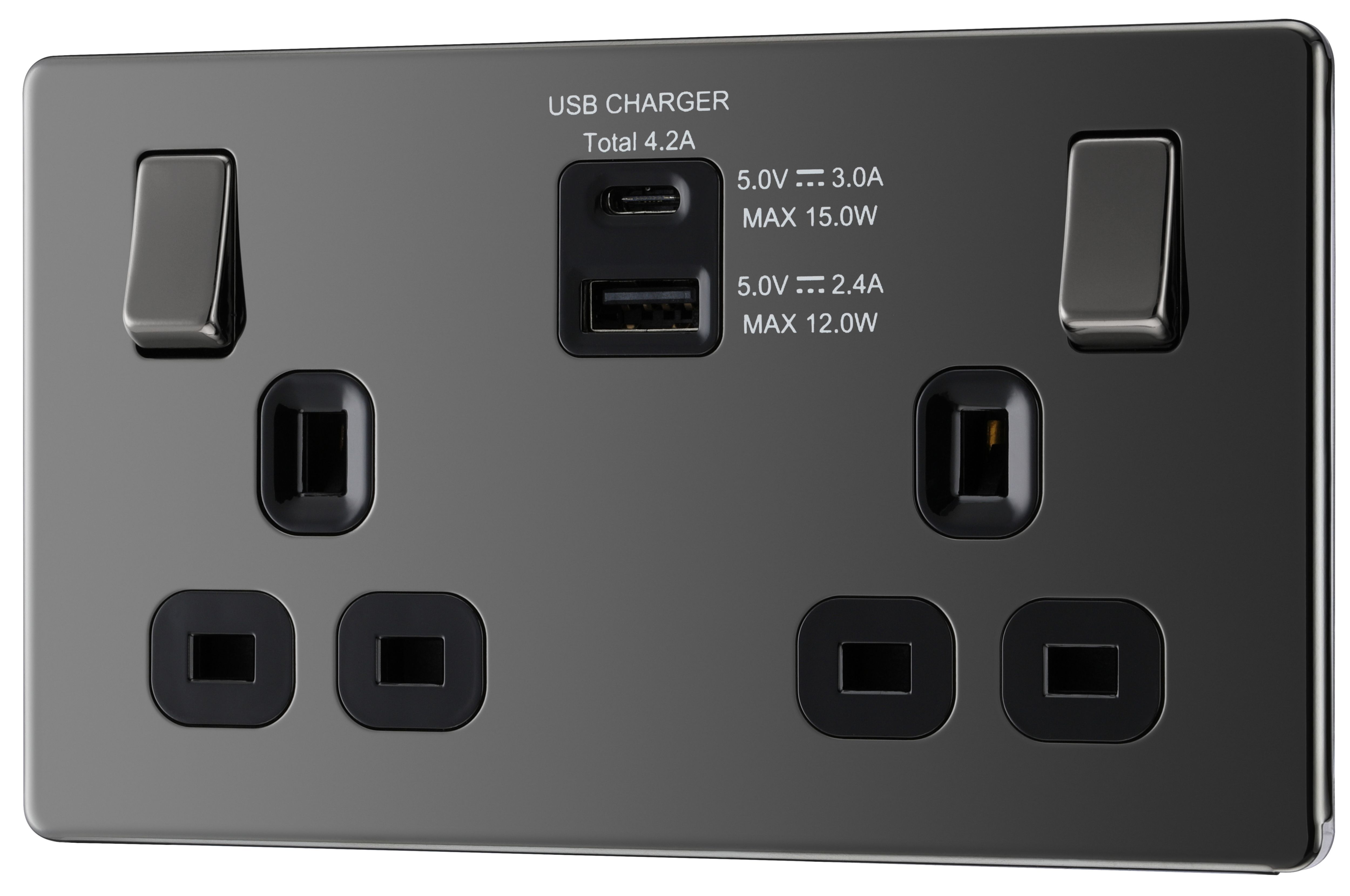GoodHome Black Nickel Double 13A Flat Switched Screwless Socket with USB, x2 & Black inserts