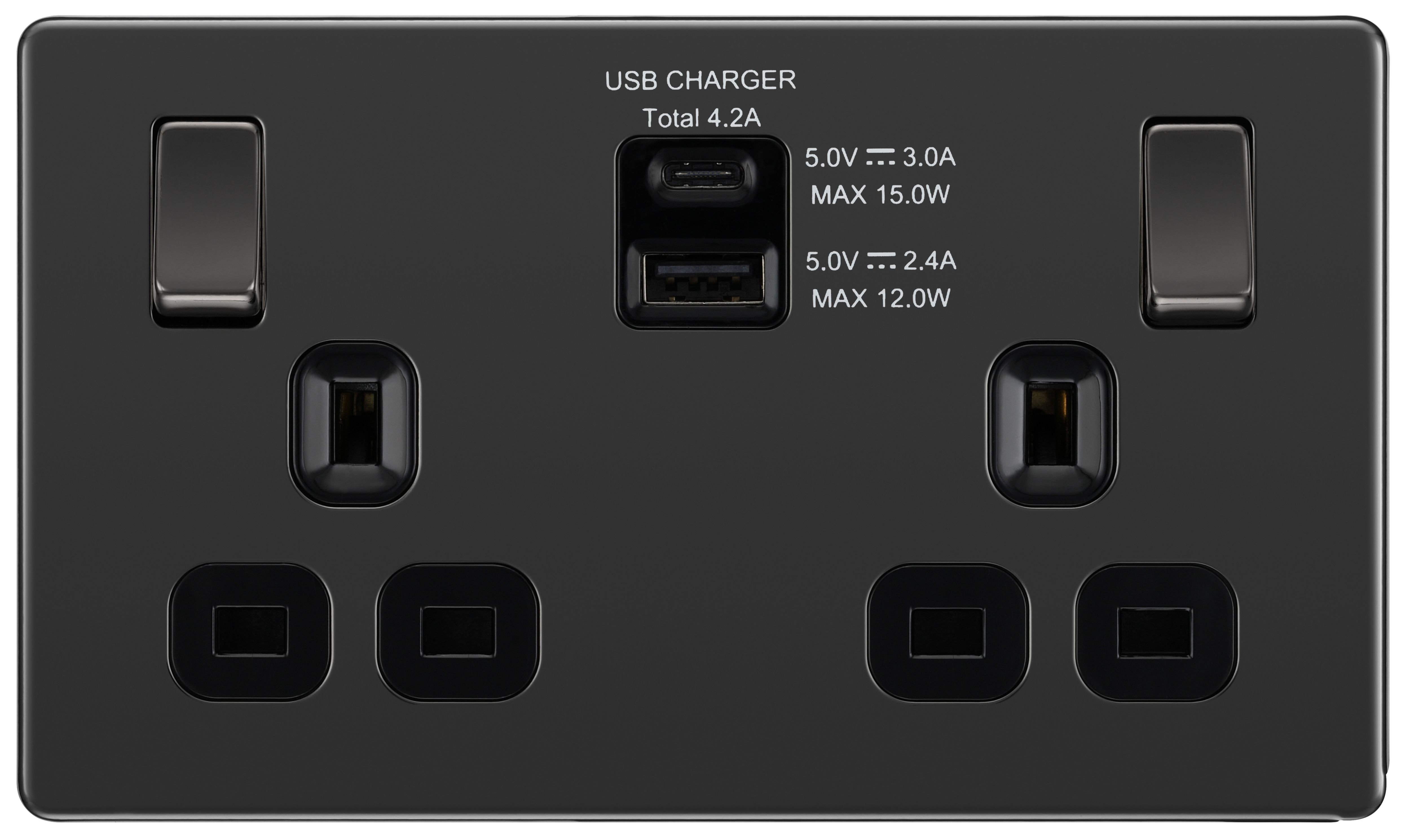 GoodHome Black Nickel Double 13A Flat Switched Screwless Socket with USB, x2 & Black inserts