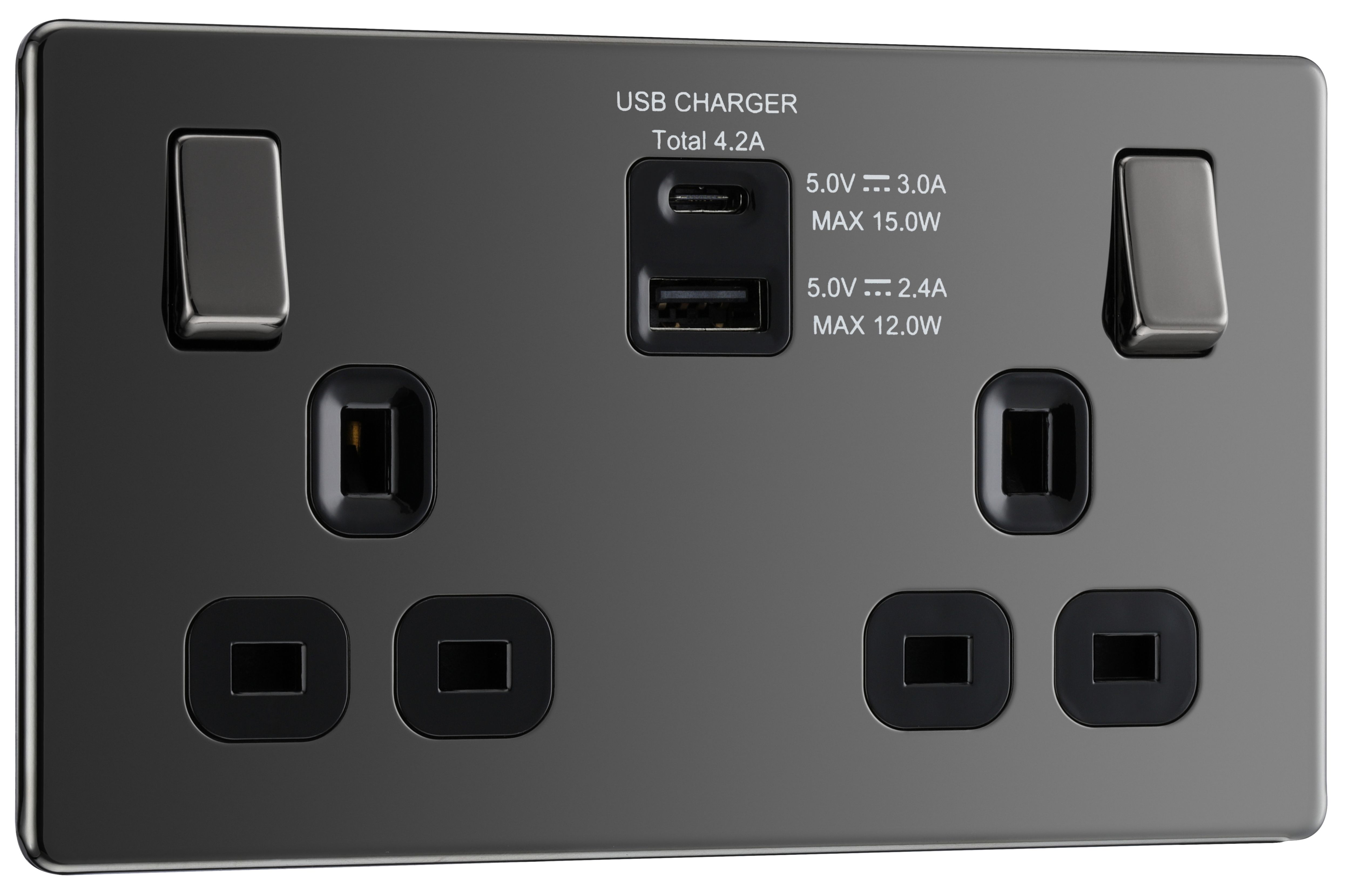 GoodHome Black Nickel Double 13A Flat Switched Screwless Socket with USB, x2 & Black inserts