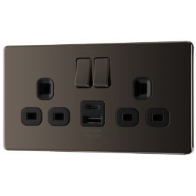 GoodHome Black Nickel Double 13A Flat Switched Socket with USB, x2 & Black inserts