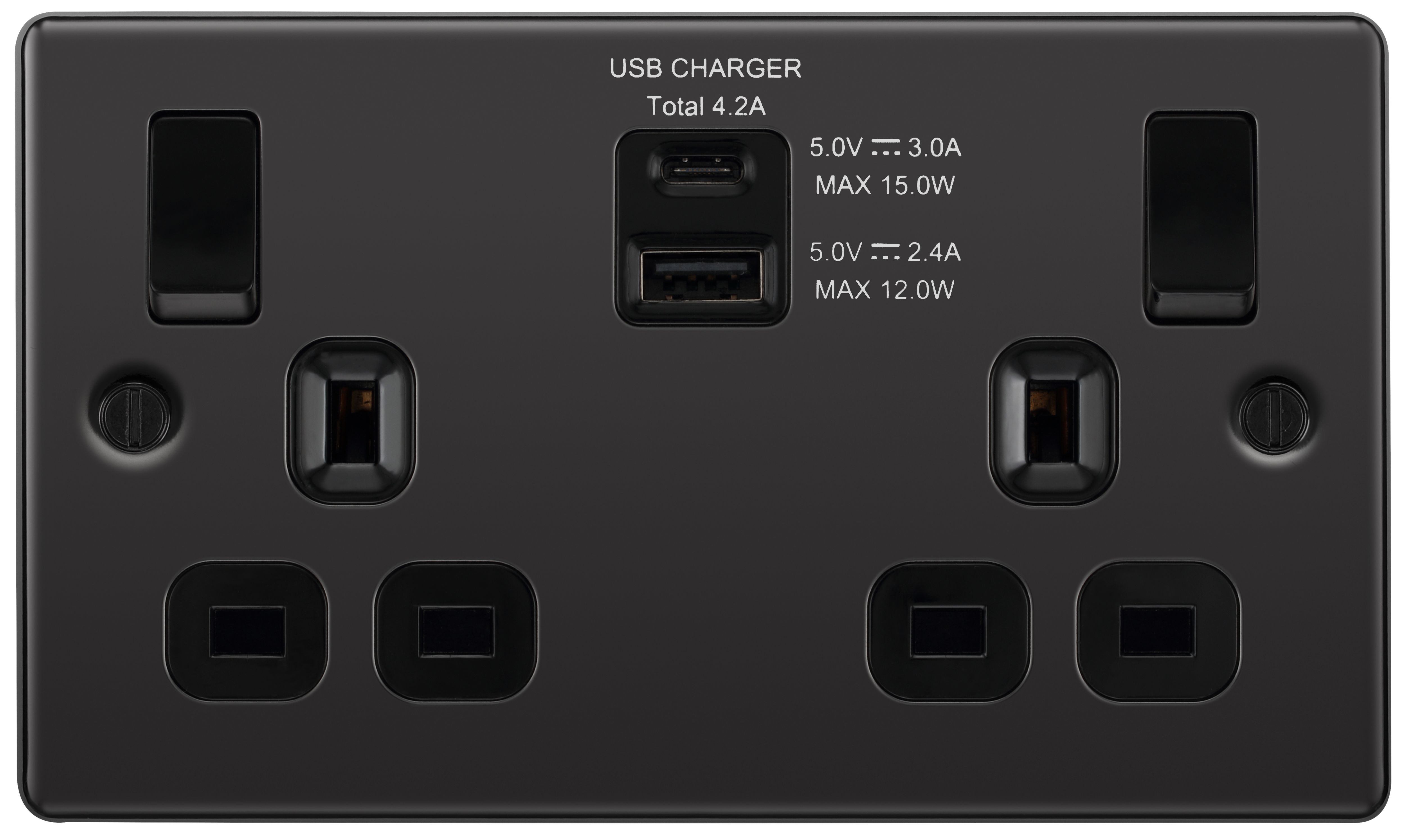 GoodHome Black Nickel Double 13A Raised rounded Switched Screwed Socket ...