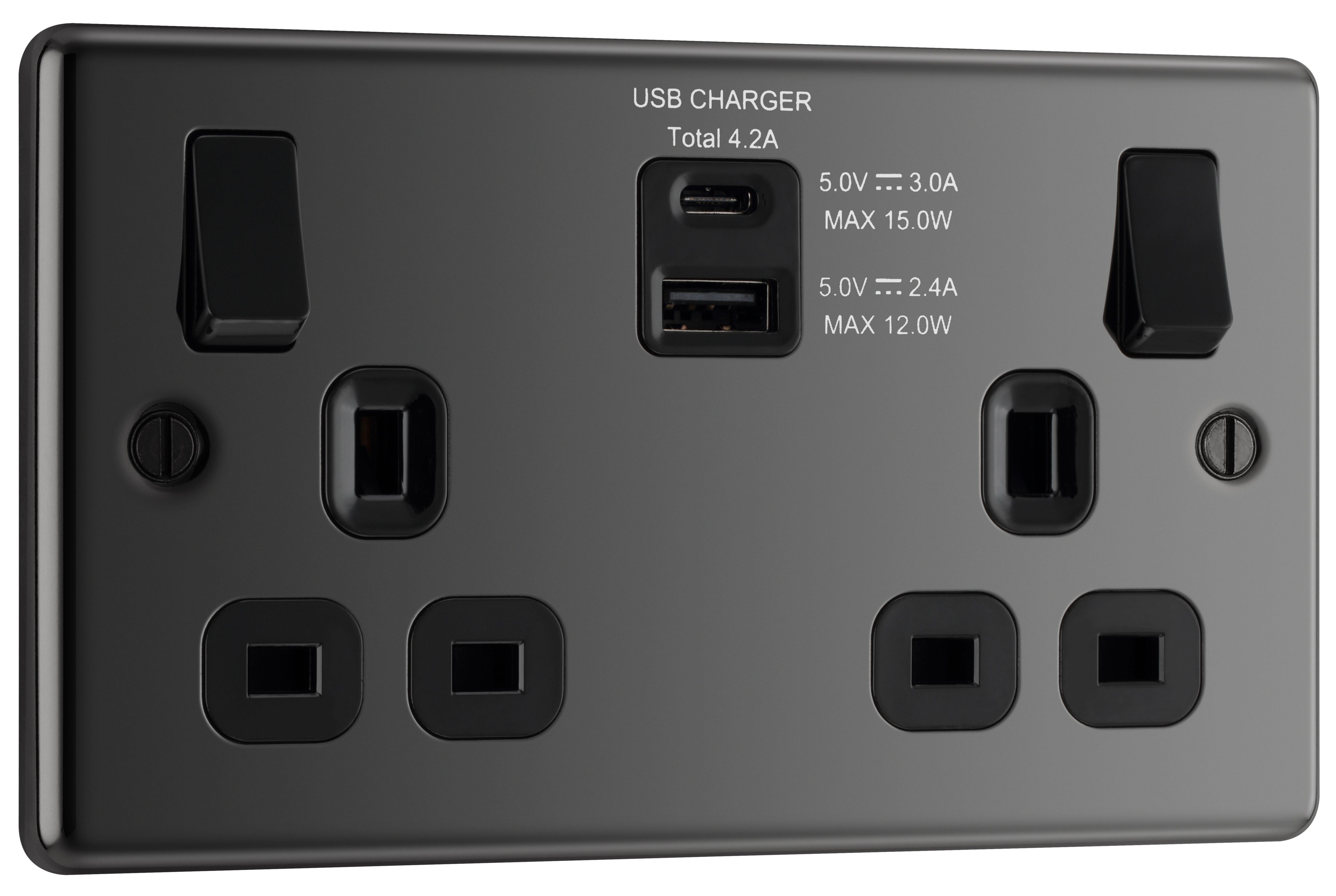 GoodHome Black Nickel Double 13A Raised rounded Switched Screwed Socket ...