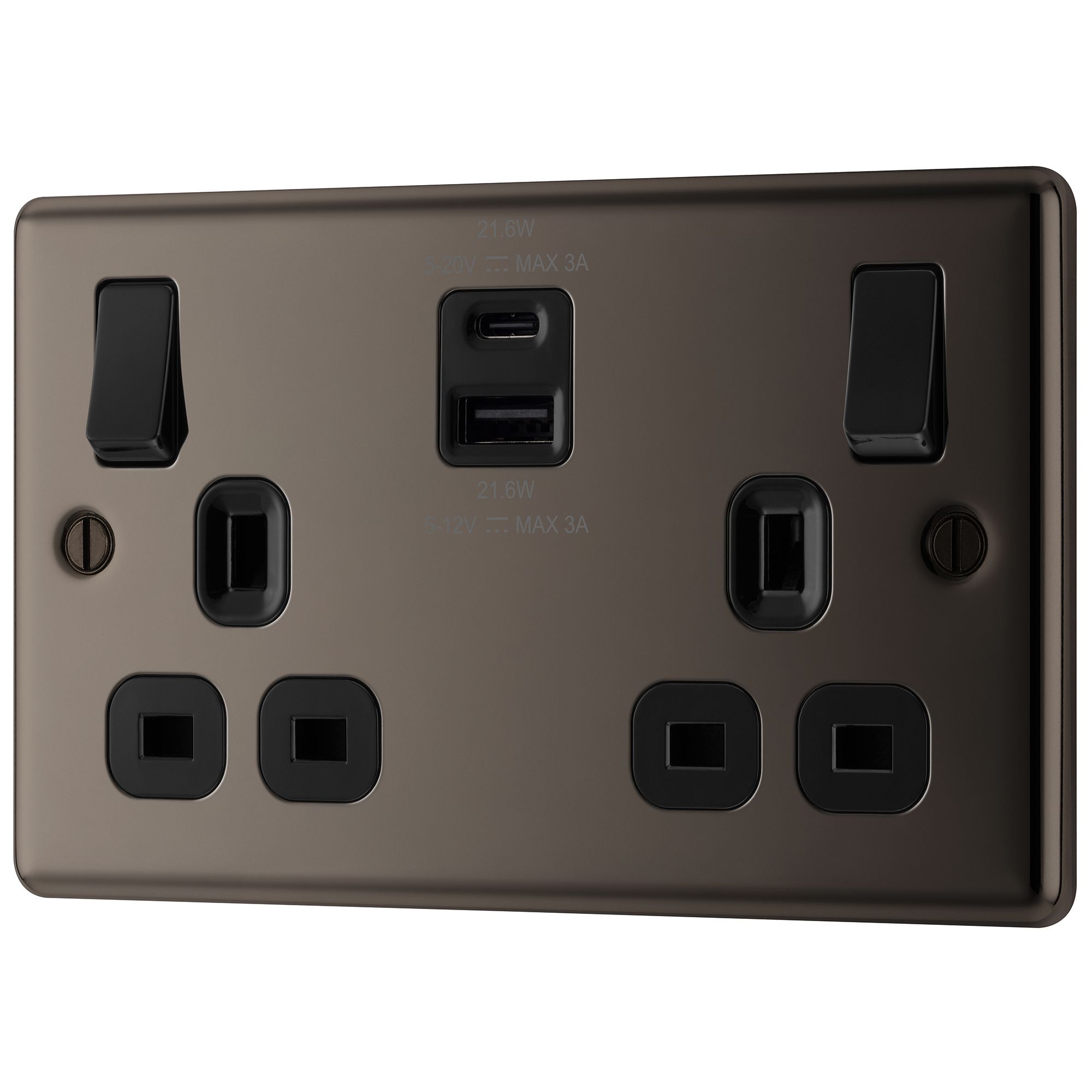 GoodHome Black Nickel Double 13A Raised rounded Switched Socket with USB, x2 & Black inserts