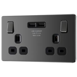 GoodHome Black Nickel Double 13A Screwless Switched Socket with USB x2 3.1A & Black inserts