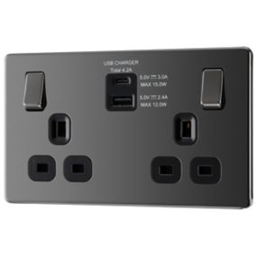 GoodHome Black Nickel Double 13A Screwless Switched Socket with USB x2 4.2A & Black inserts