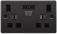 GoodHome Black Nickel Double 13A Switched Socket with USB x2 3.1A & Black inserts