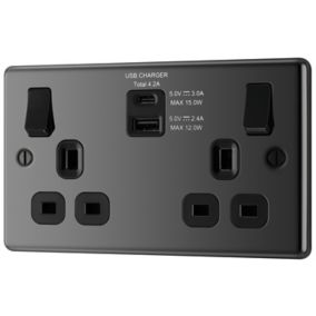 GoodHome Black Nickel Double 13A Switched Socket with USB x2 4.2A & Black inserts