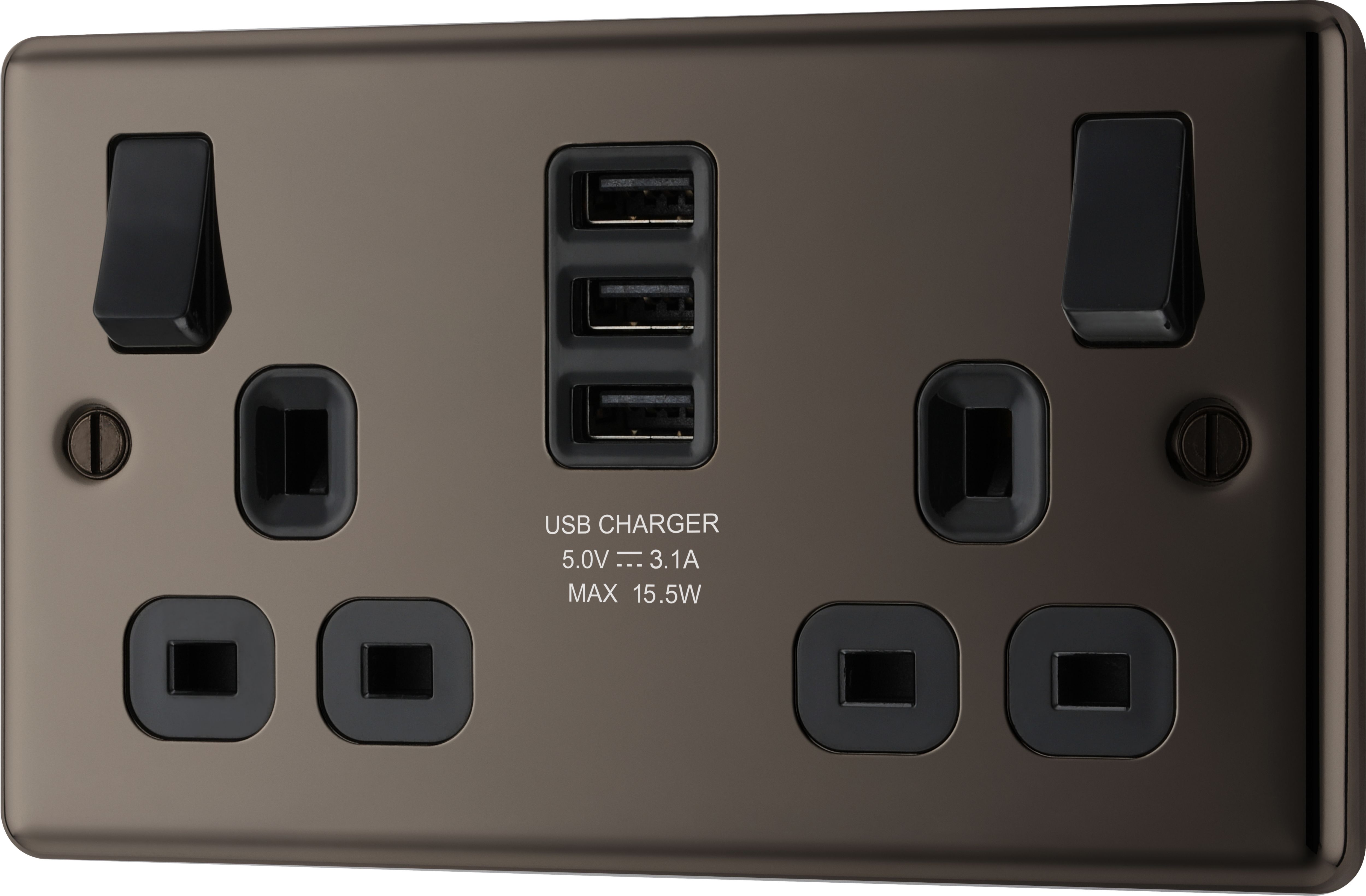 GoodHome Black Nickel Double 13A Switched Socket with USB x3 & Black inserts