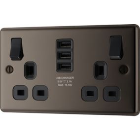GoodHome Black Nickel Double 13A Switched Socket with USB x3 & Black inserts
