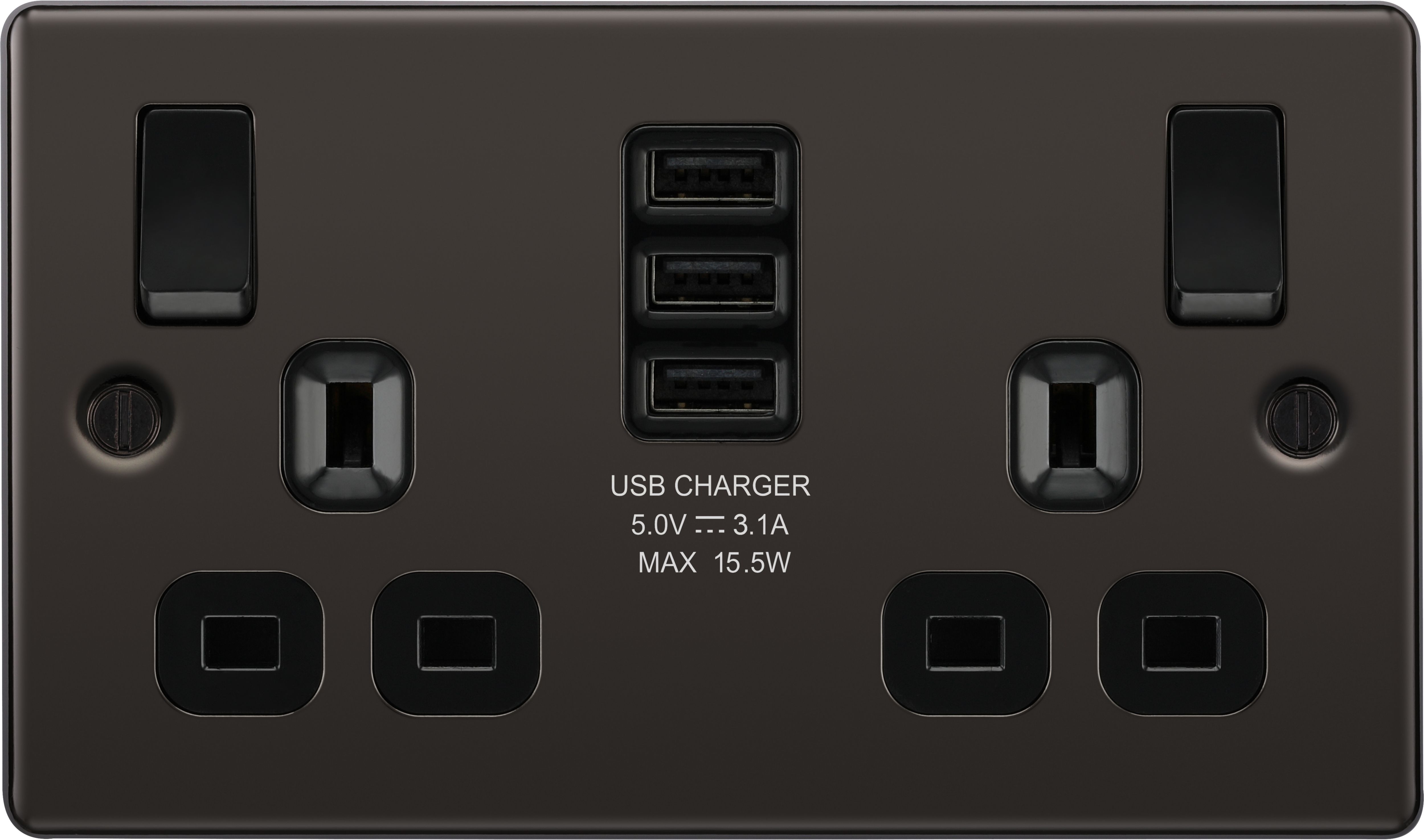 GoodHome Black Nickel Double 13A Switched Socket with USB x3 & Black inserts