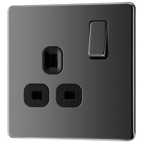GoodHome Black Nickel Single 13A Screwless Switched Socket with Black inserts