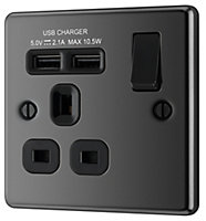 GoodHome Black Nickel Single 13A Switched Socket with USB x2 & Black inserts
