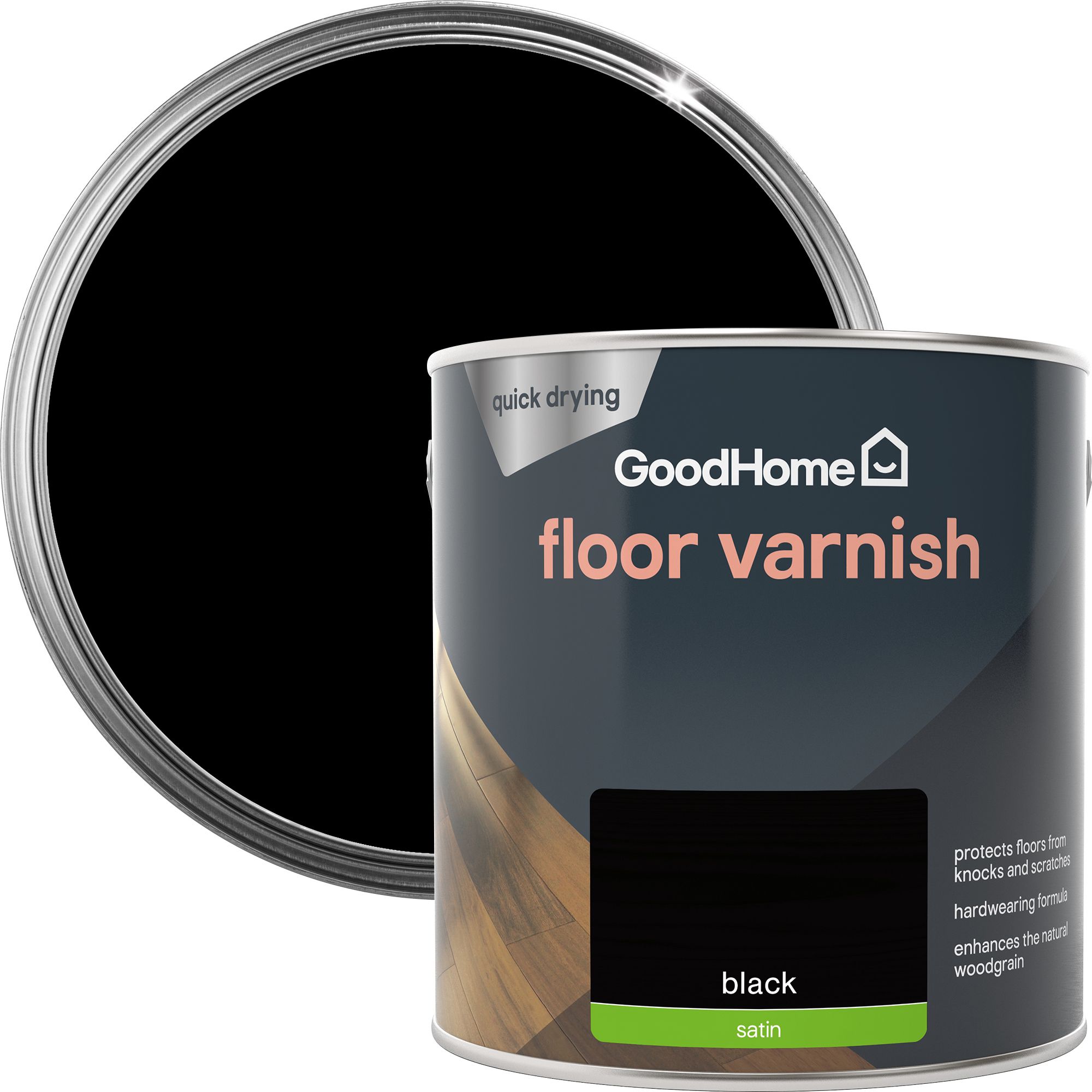 GoodHome Black Satin Floor Wood varnish, 2.5L DIY at B&Q