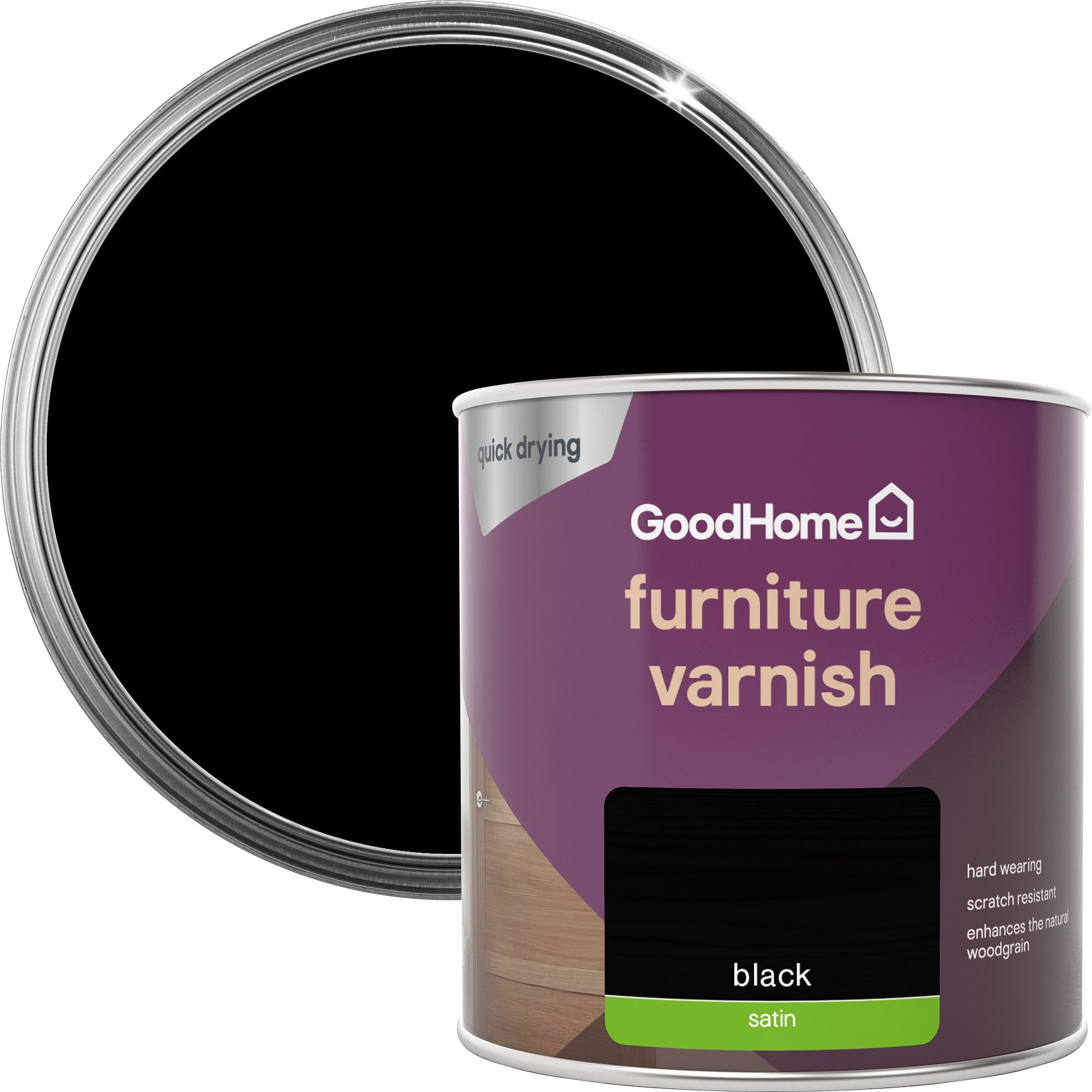 GoodHome Black Satin Multisurface Furniture Wood varnish, 250ml at B&Q