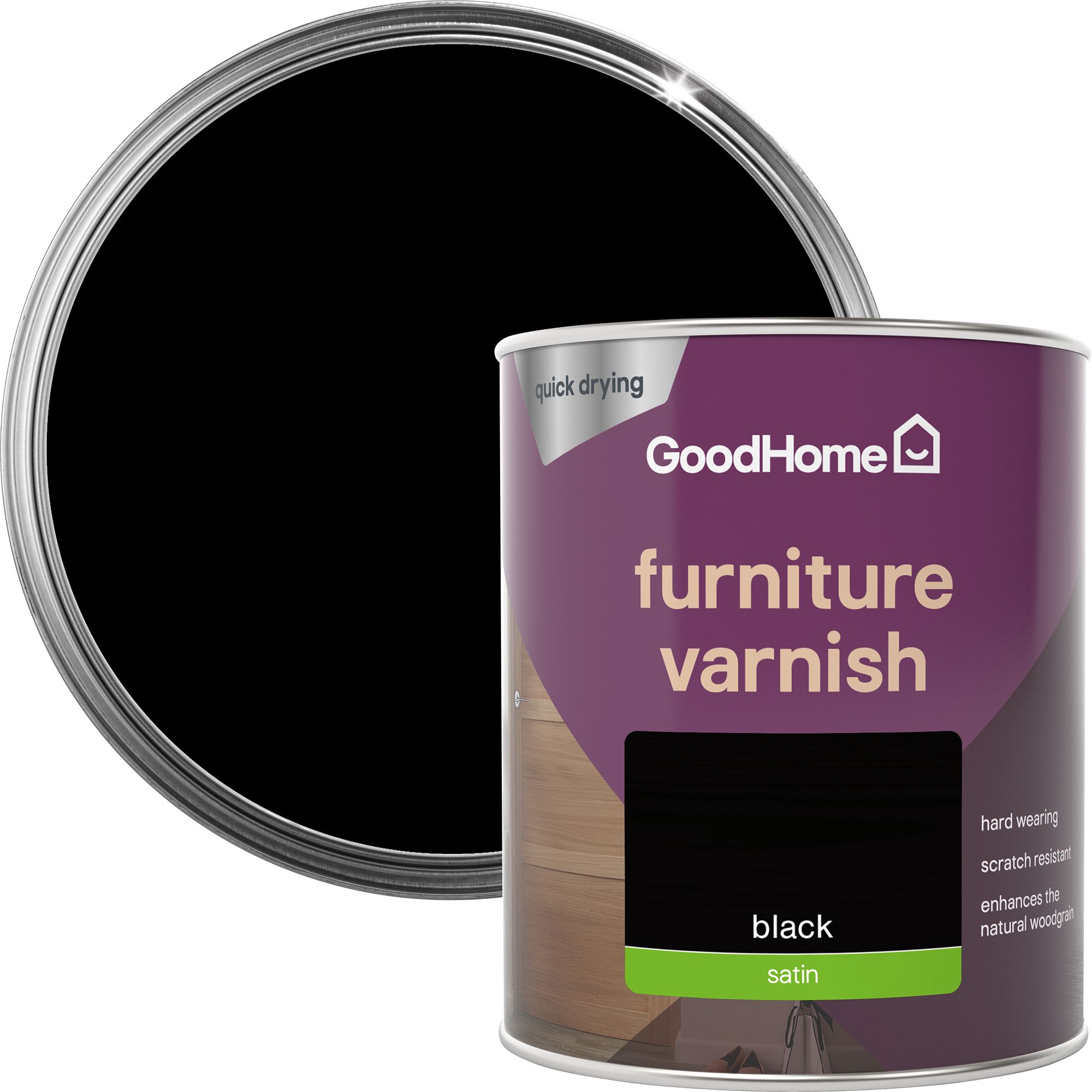 GoodHome Black Satin Multisurface Furniture Wood varnish, 750ml DIY