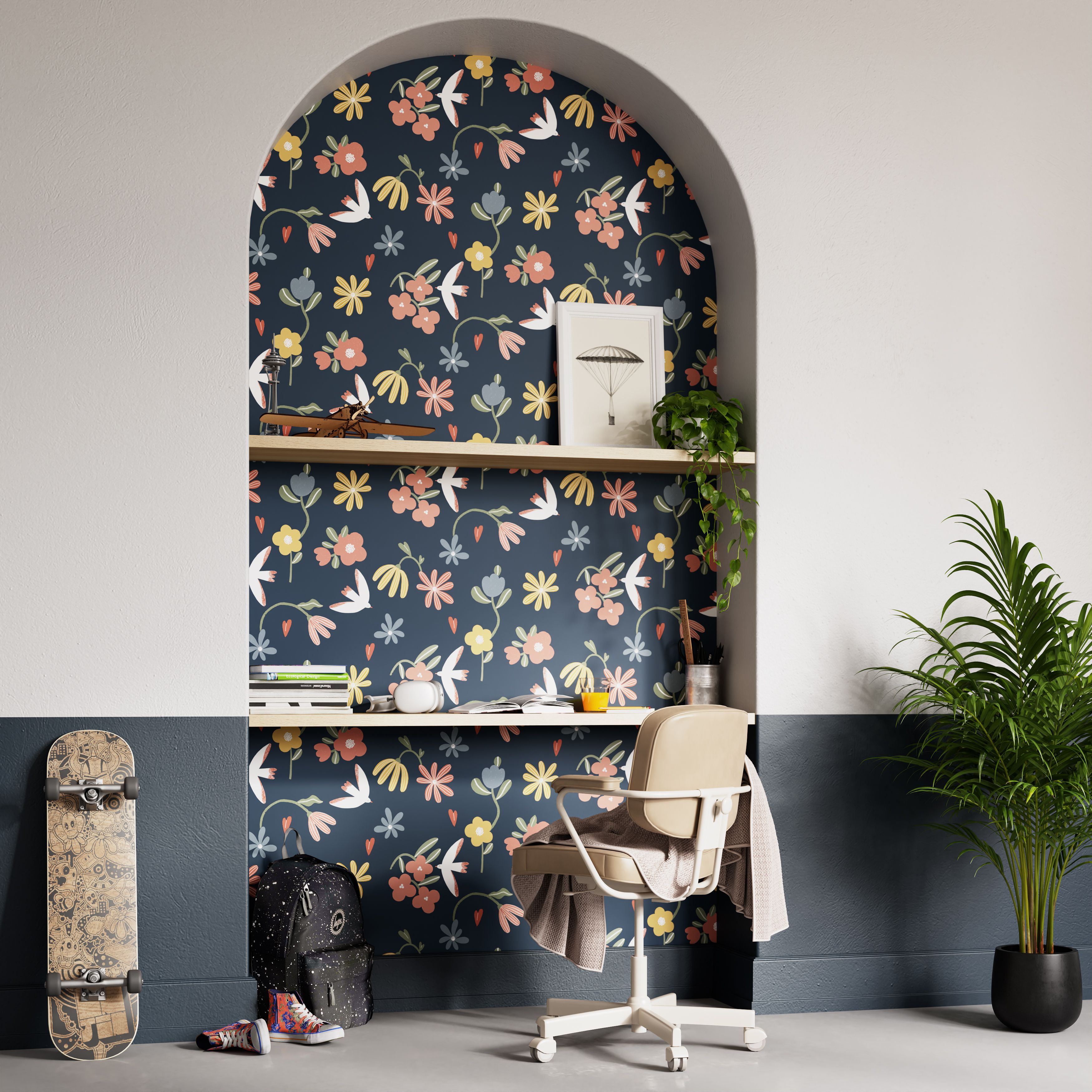 GoodHome Blitz Navy & Multicolour Flowers Textured Wallpaper