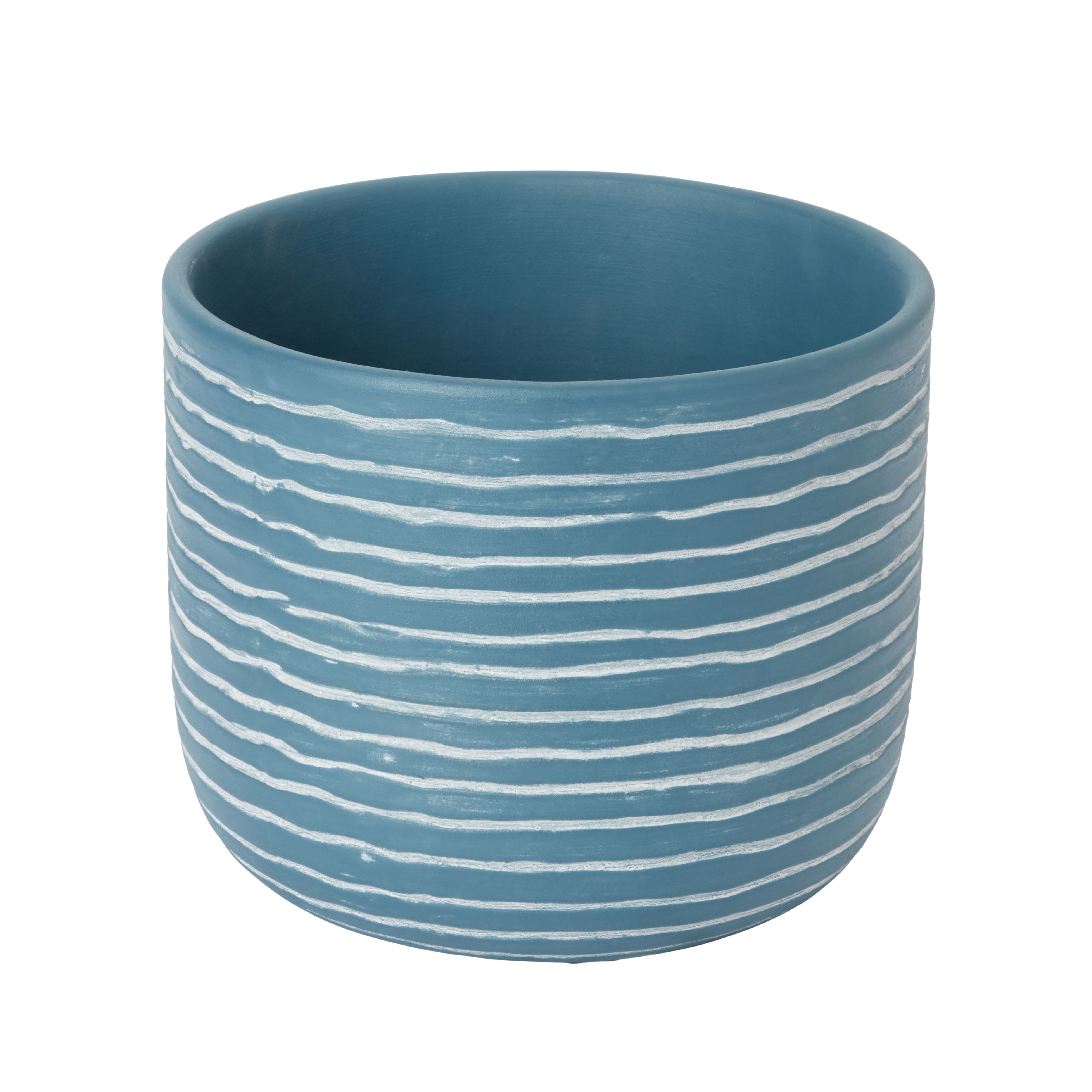 GoodHome Blue coral Clay Striped Circular Plant pot (Dia) 20cm, (H)16.5cm, 3.4L