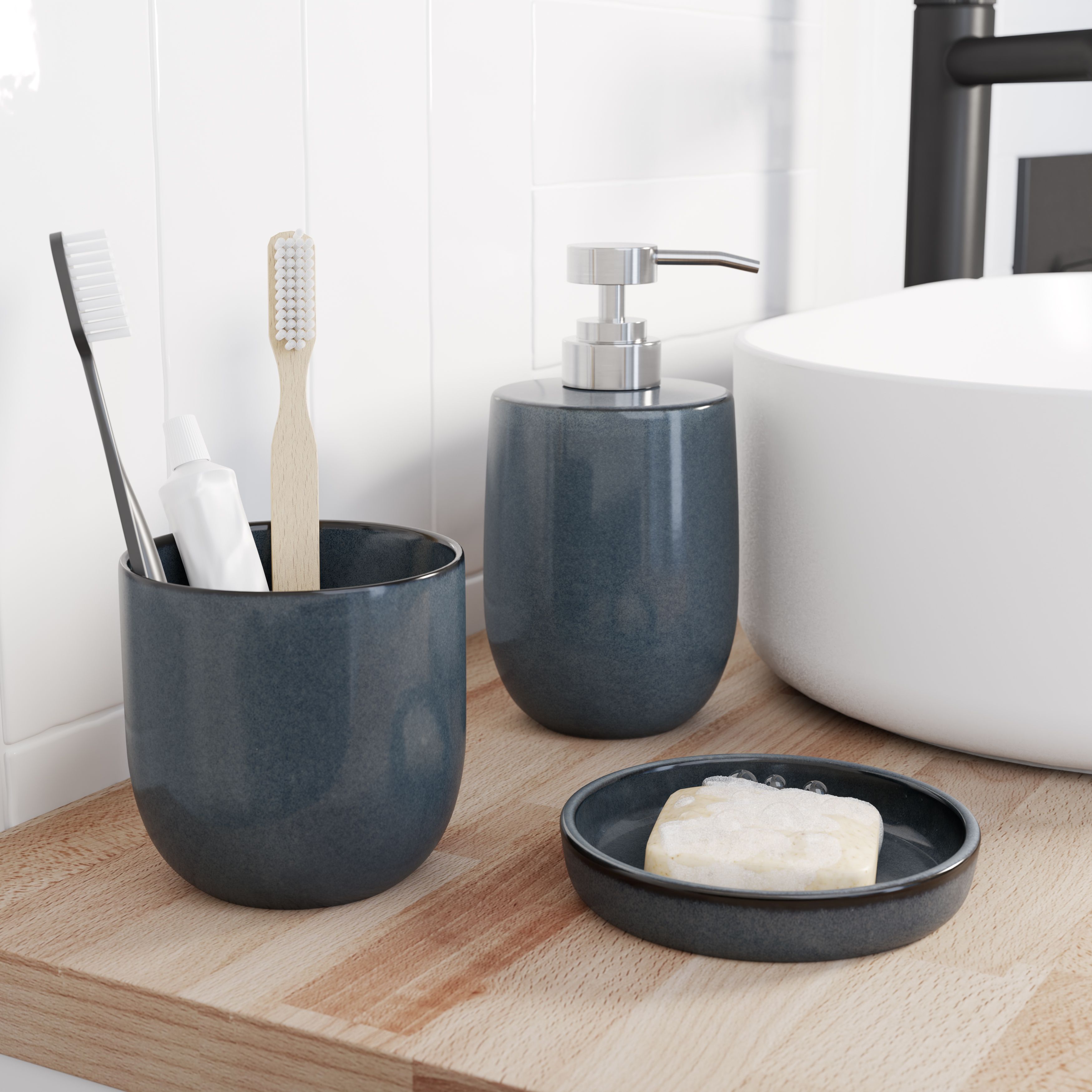 GoodHome Boann Gloss Blue Reactive glaze effect Ceramic Soap dish