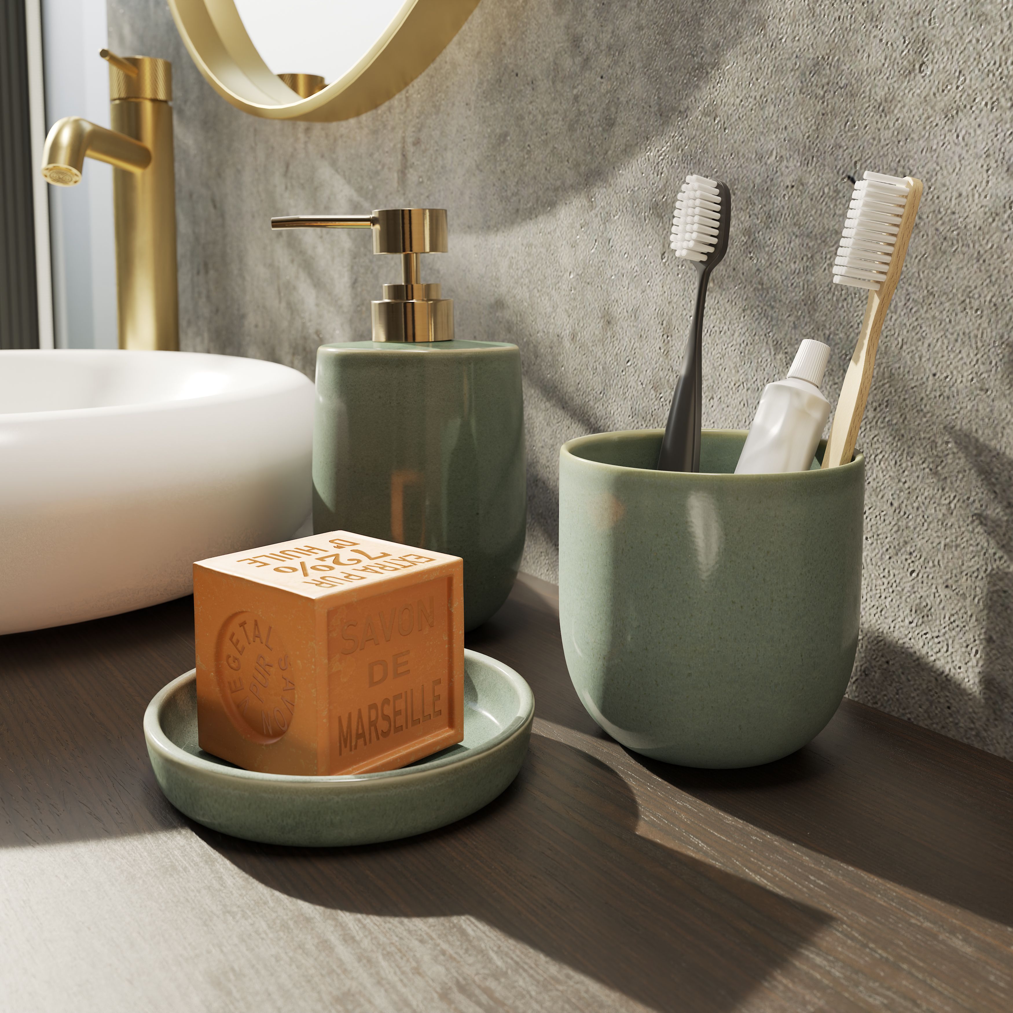 GoodHome Boann Gloss Green Reactive glaze effect Ceramic Soap dish