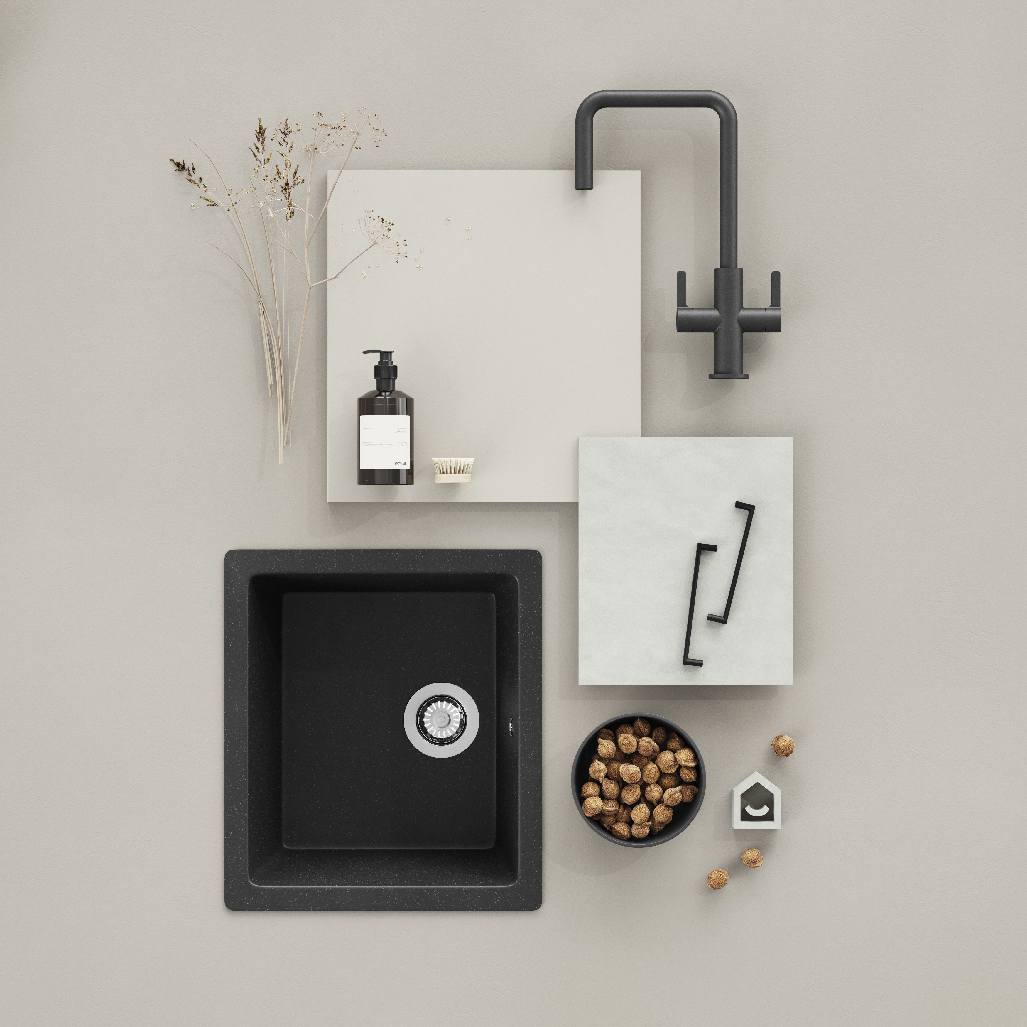GoodHome Borage Black Resin 1 Bowl Kitchen sink 335mm x 500mm