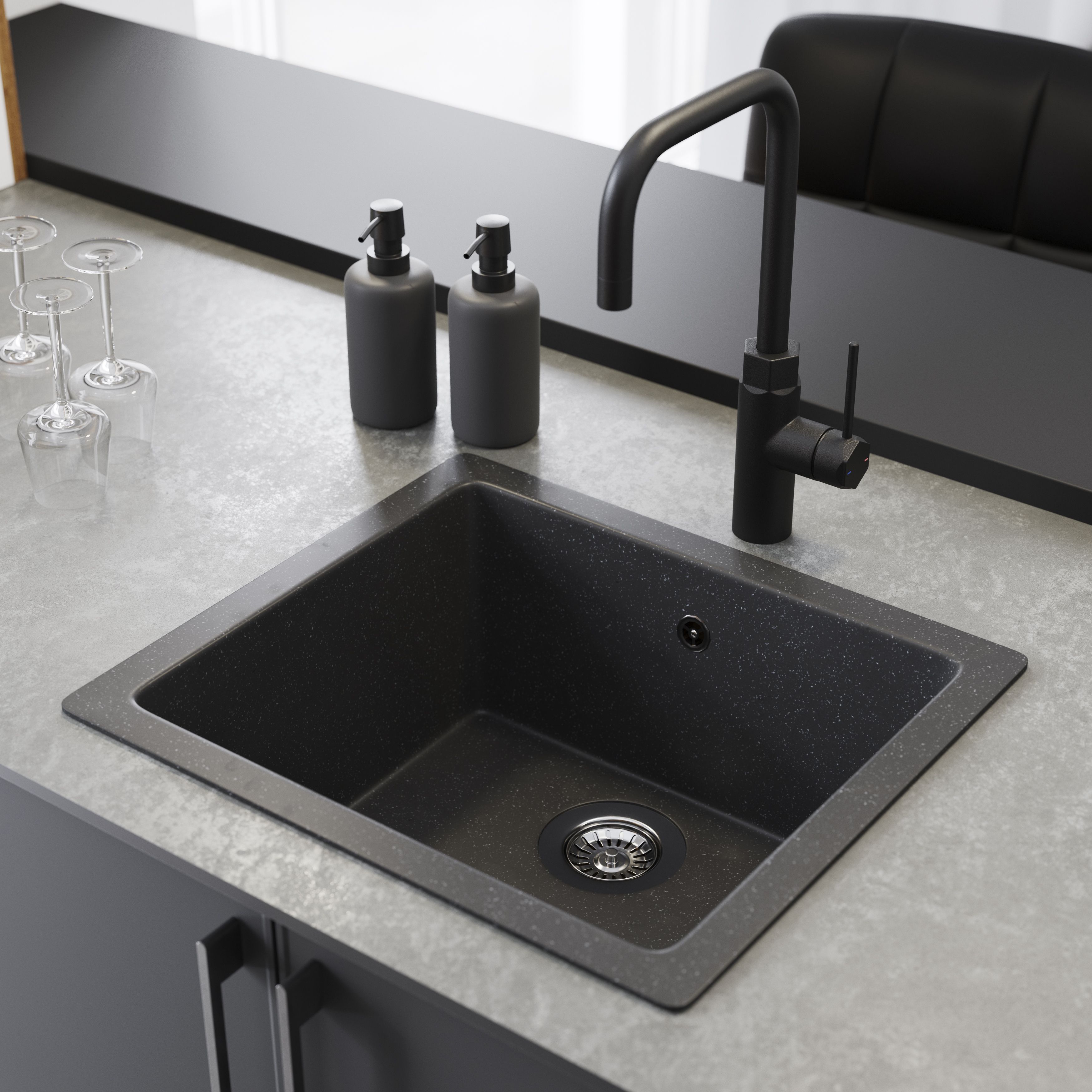 GoodHome Borage Black Resin 1 Bowl Kitchen sink 335mm x 500mm