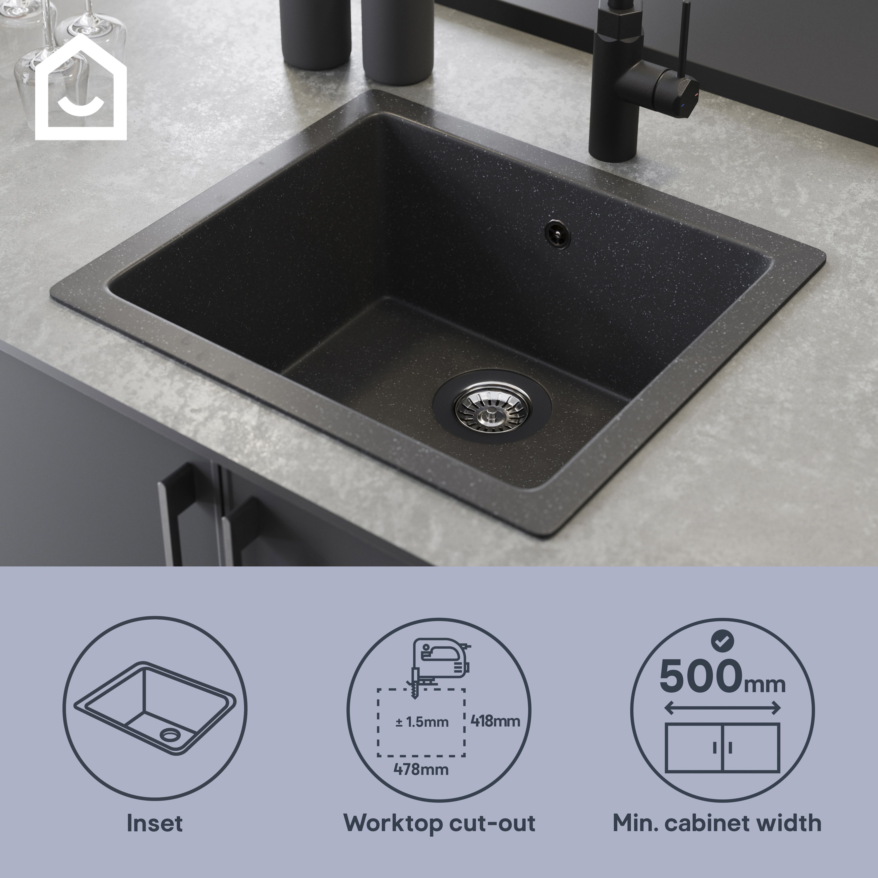 GoodHome Borage Black Resin 1 Bowl Kitchen sink 335mm x 500mm