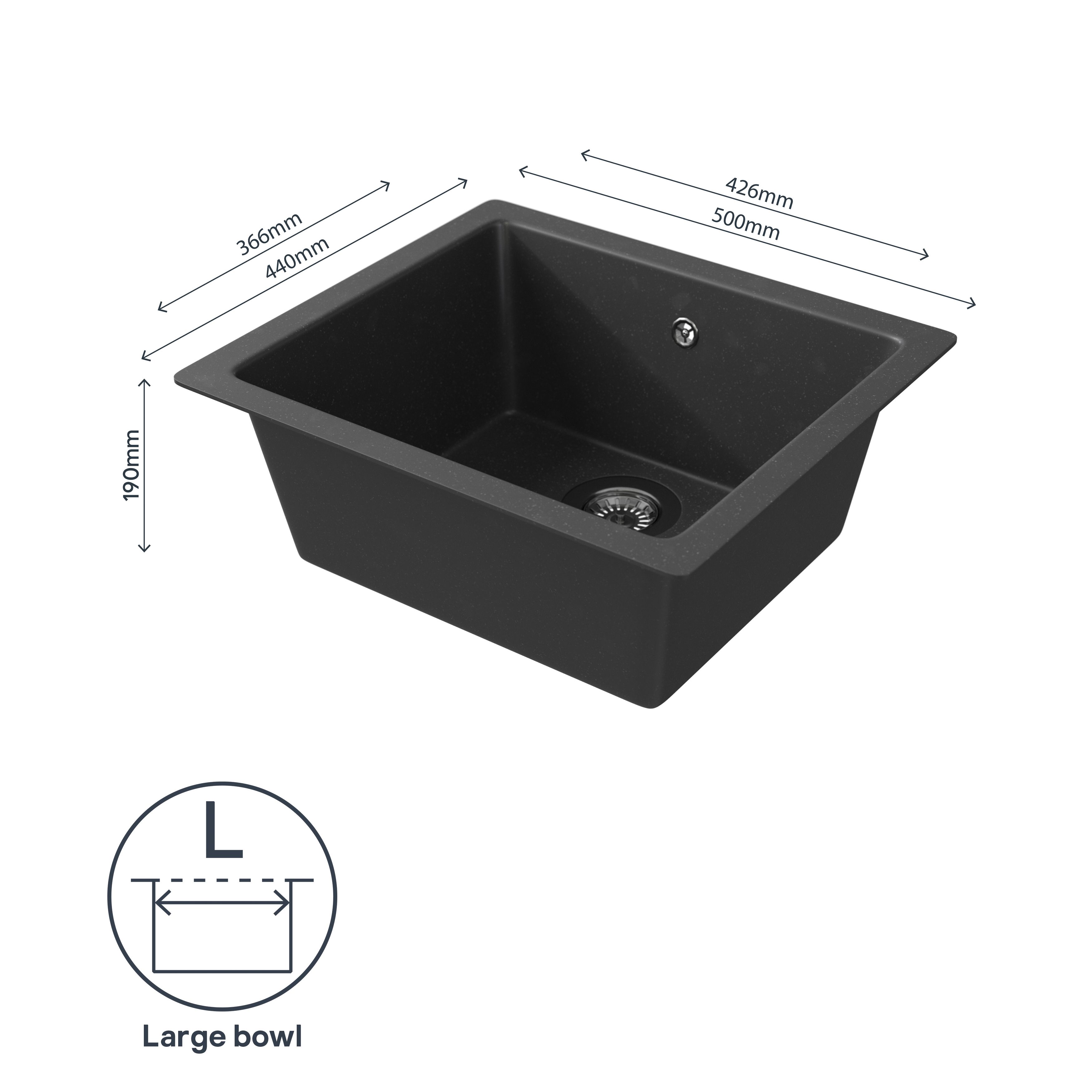 GoodHome Borage Black Resin 1 Bowl Kitchen sink 335mm x 500mm