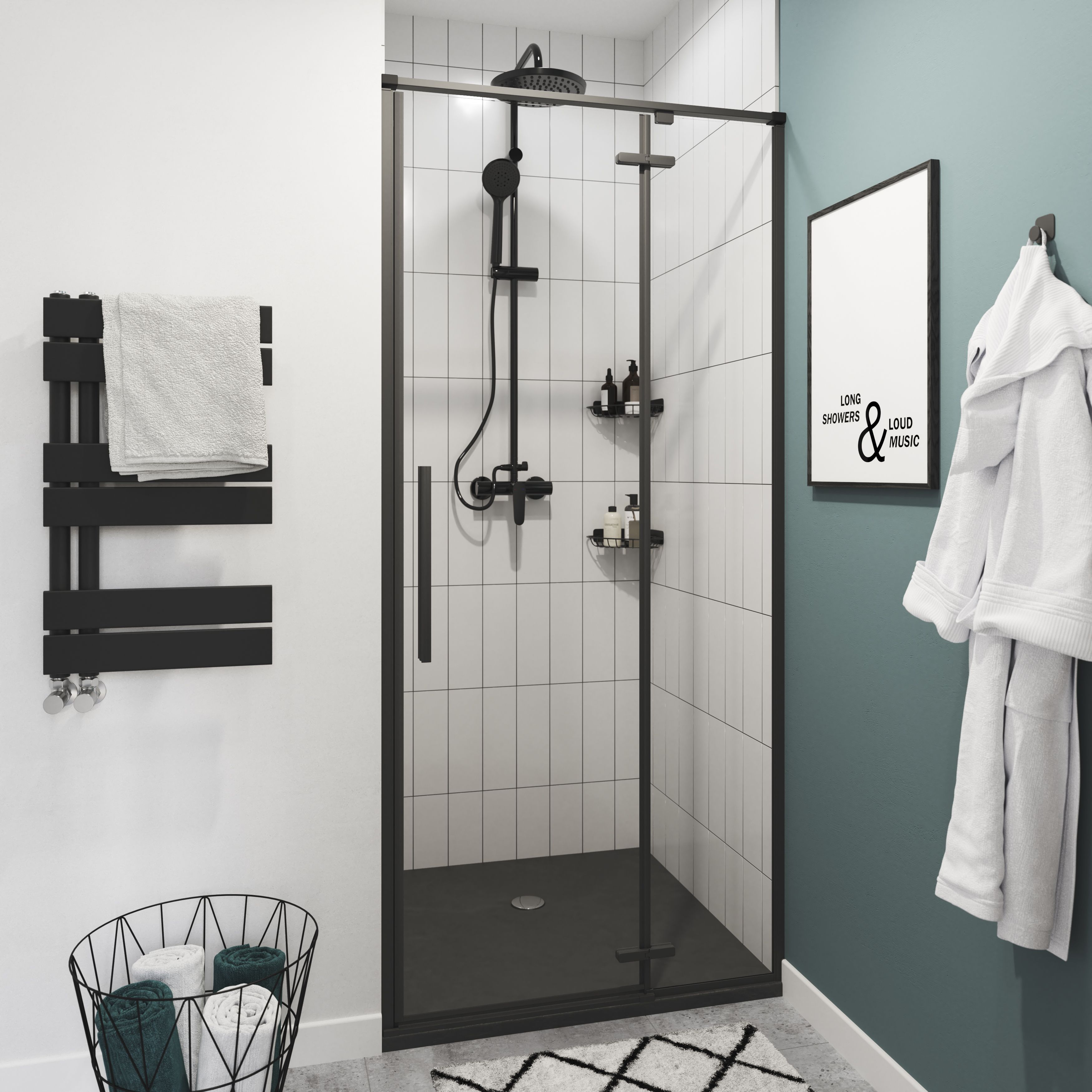 GoodHome Boxwood Matt Black 839BTU Vertical Towel radiator (W)400mm x (H)700mm