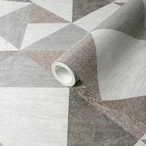 GoodHome Bretby Grey Geometric Metallic effect Smooth Wallpaper