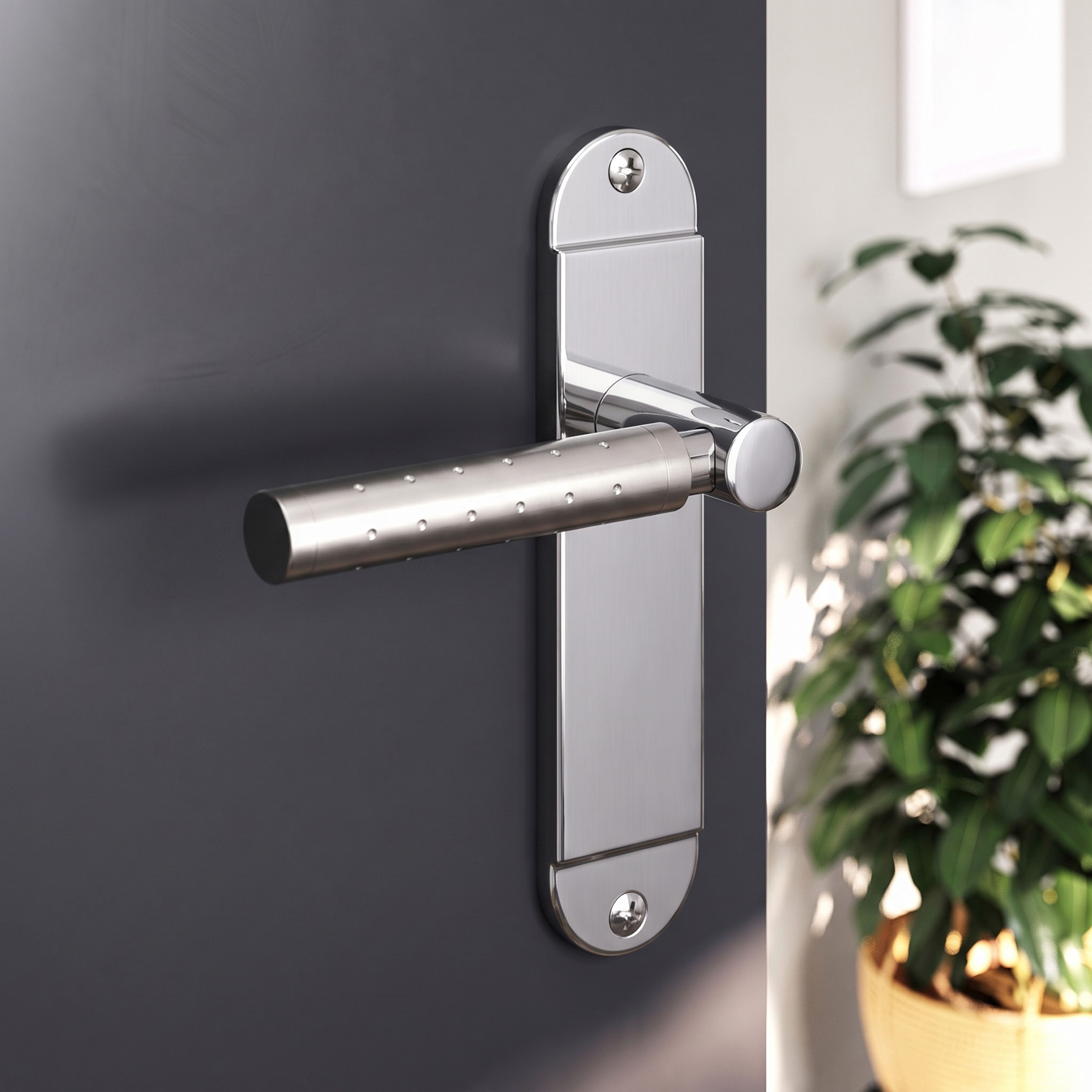 GoodHome Brigg Brushed & polished Grey Chrome & nickel effect Straight Latch Door handle (L)132mm (D)61.5mm Pair