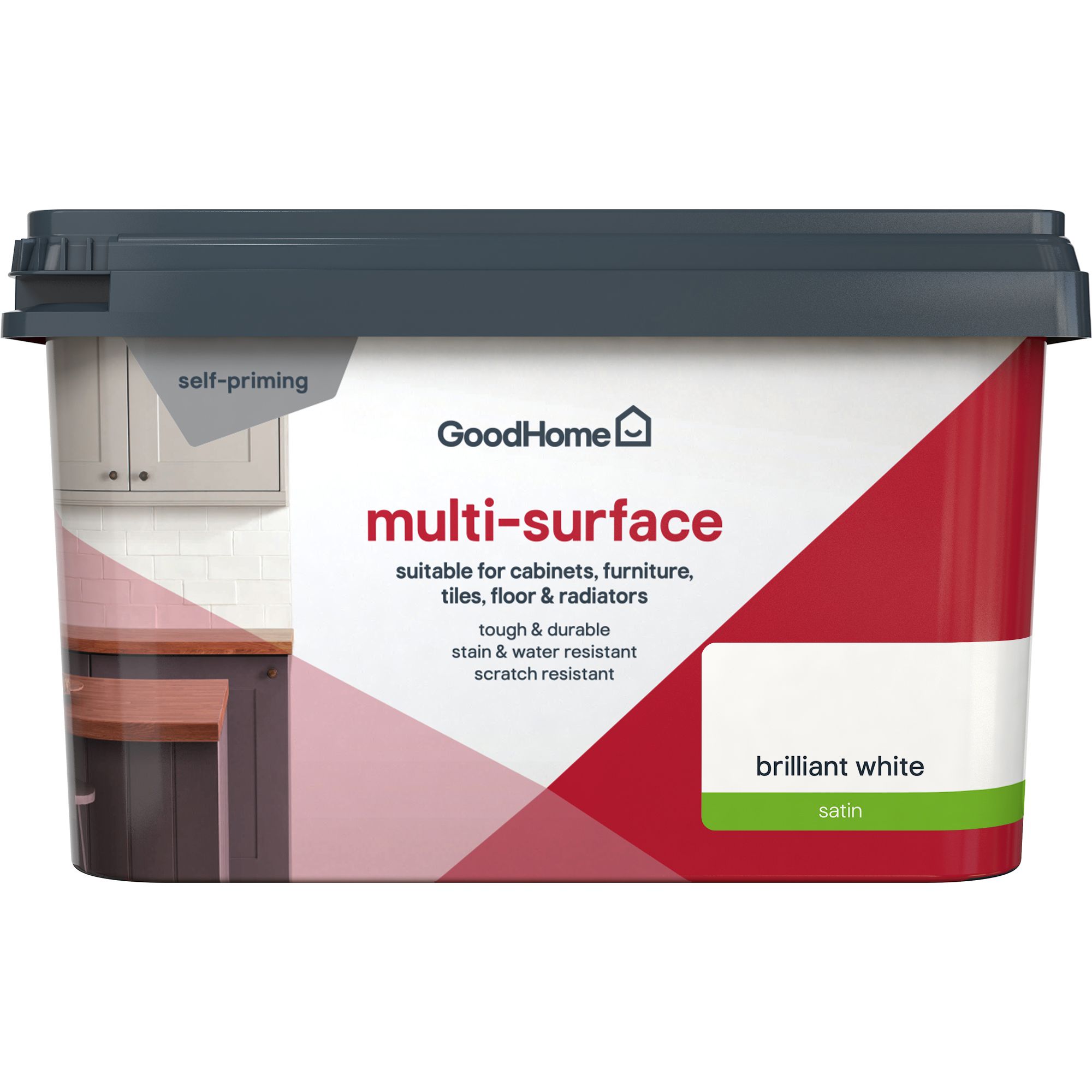 GoodHome Brilliant White Satin Multi-surface paint, 2L