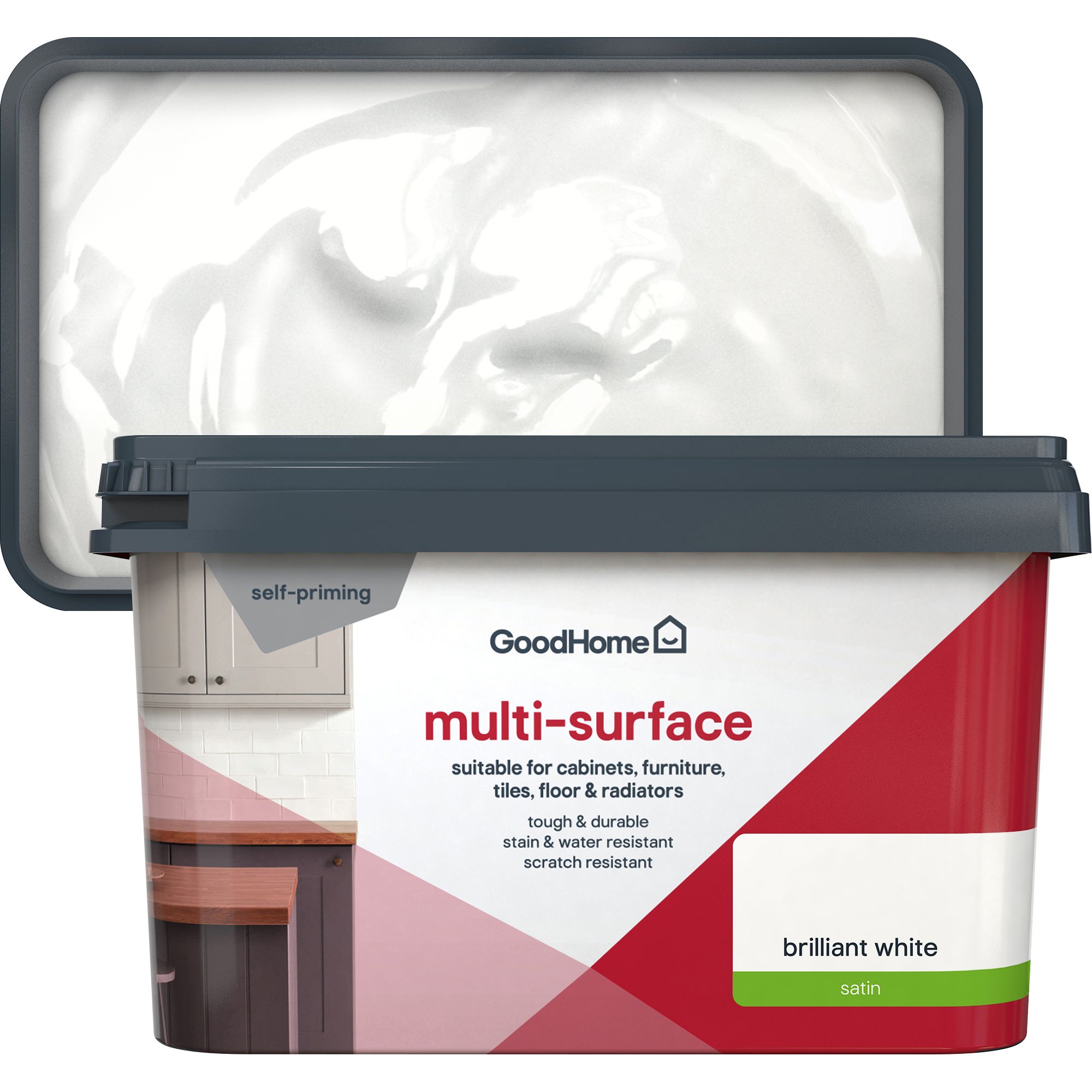 GoodHome Brilliant White Satin Multi-surface paint, 2L