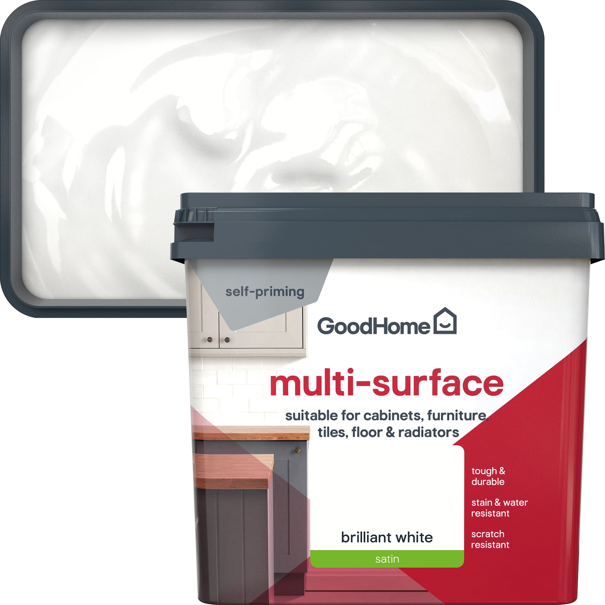 GoodHome Brilliant White Satin Multi-surface paint, 750ml