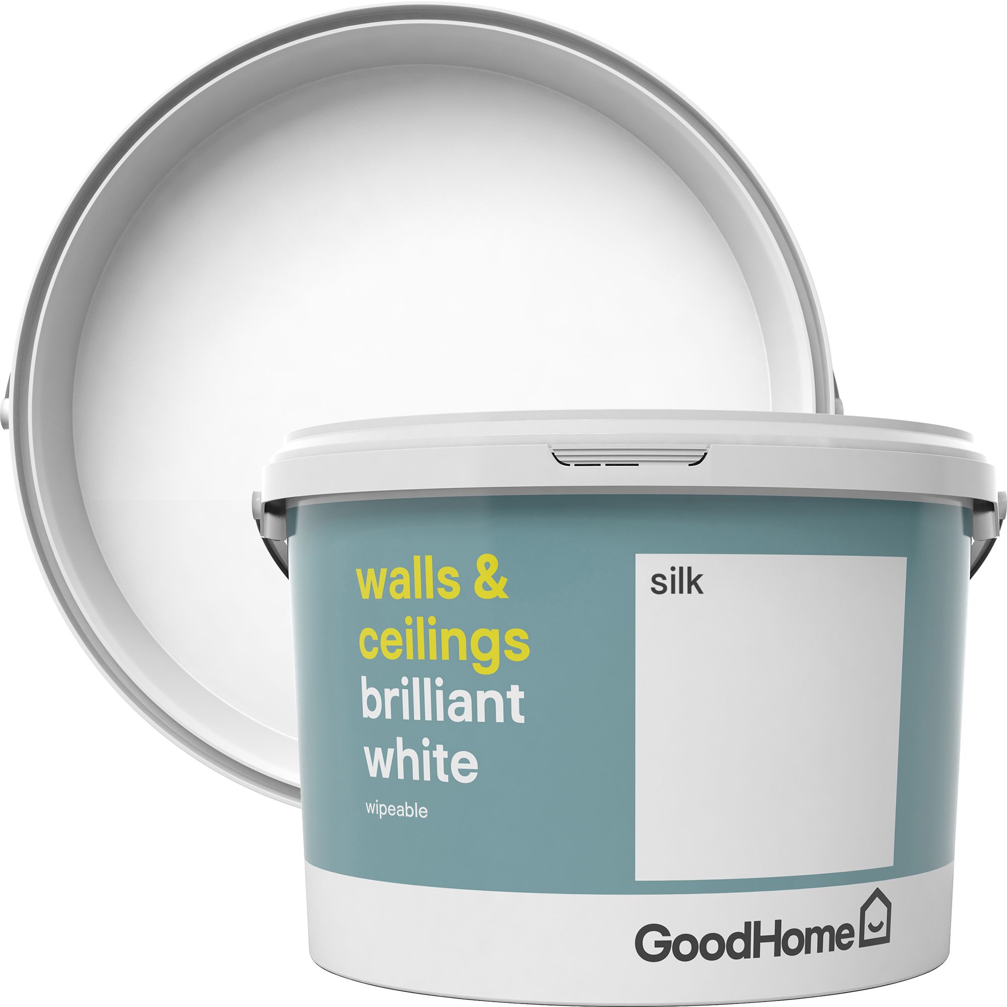 GoodHome Brilliant white Vinyl silk Emulsion paint, 2.5L DIY at B&Q