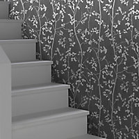 GoodHome Bromus Charcoal Floral Metallic effect Textured Wallpaper