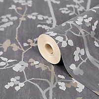 GoodHome Bromus Charcoal Floral Metallic effect Textured Wallpaper