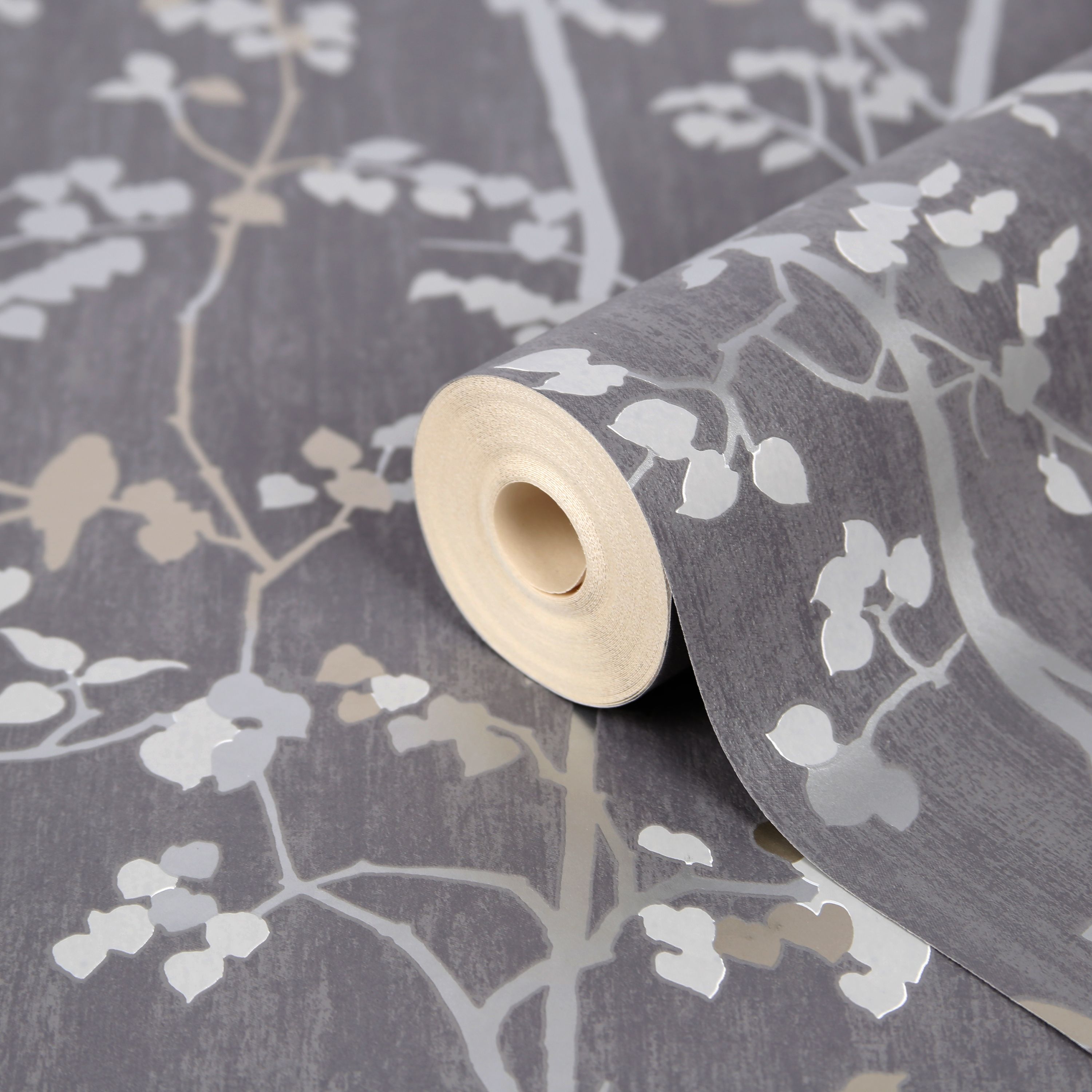 GoodHome Bromus Charcoal Metallic effect Floral Textured Wallpaper DIY at B&Q