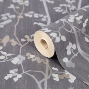 GoodHome Bromus Charcoal Metallic effect Floral Textured Wallpaper