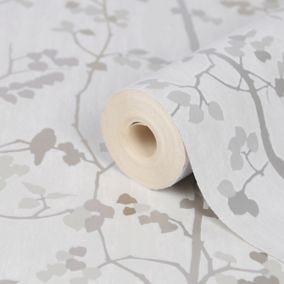 GoodHome Bromus Cream Metallic effect Floral Textured Wallpaper Sample