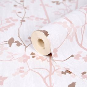 GoodHome Bromus Pink Metallic effect Floral Textured Wallpaper Sample