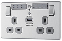 GoodHome Brushed Steel 13A Flat Switched Double Screwless WiFi extender socket with USB