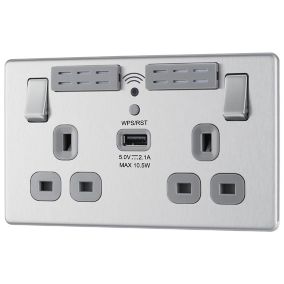 GoodHome Brushed Steel 13A Flat Switched Double Screwless WiFi extender socket with USB
