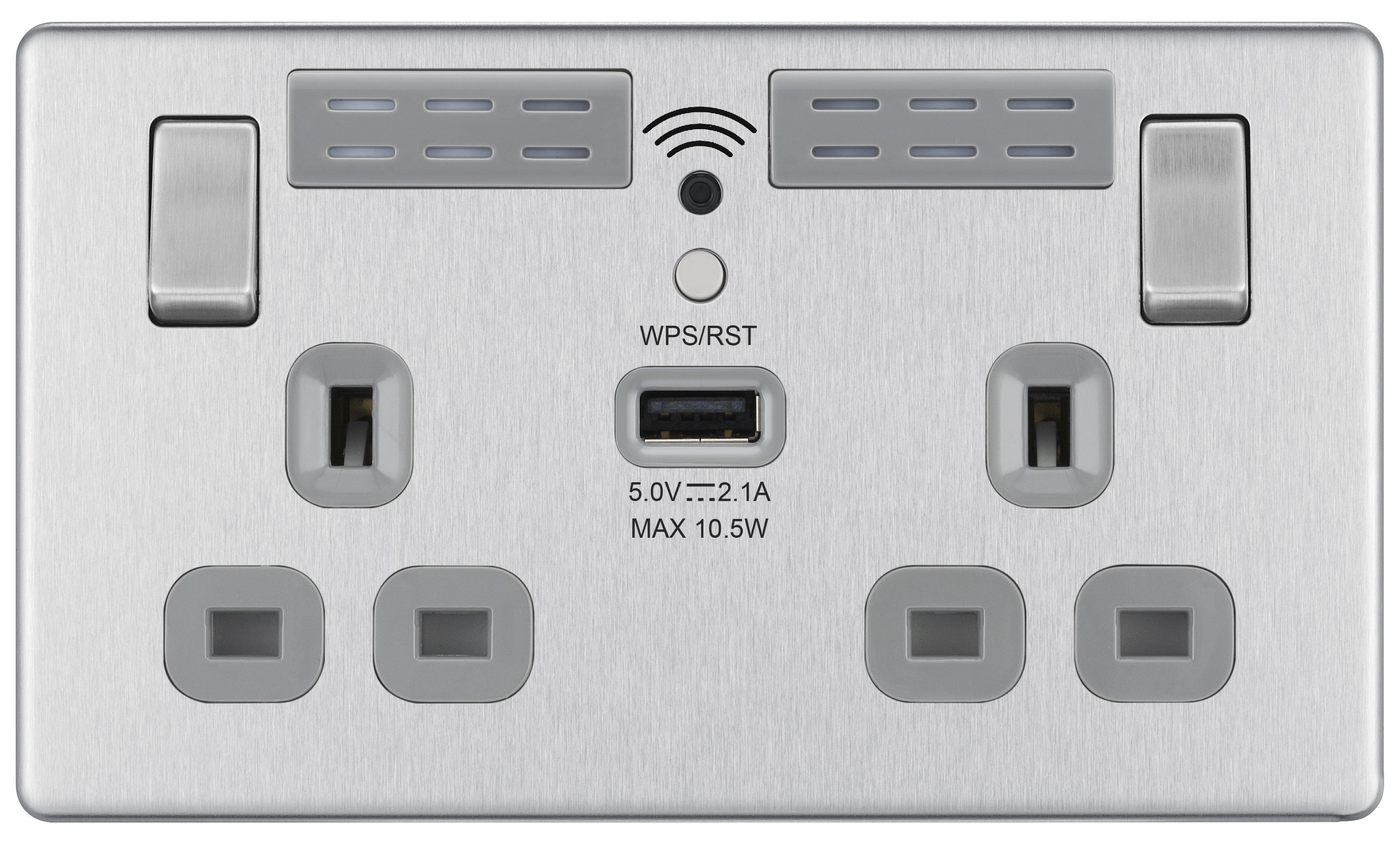 GoodHome Brushed Steel 13A Switched Double Screwless WiFi extender socket with USB
